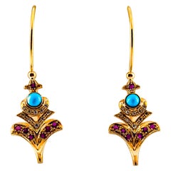 Art Nouveau White Diamond Ruby Turquoise Yellow Gold Lever-Back Drop Earrings
