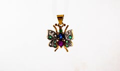 Art Nouveau White Diamond Sapphire Ruby Emerald Yellow Gold Butterfly Pendant