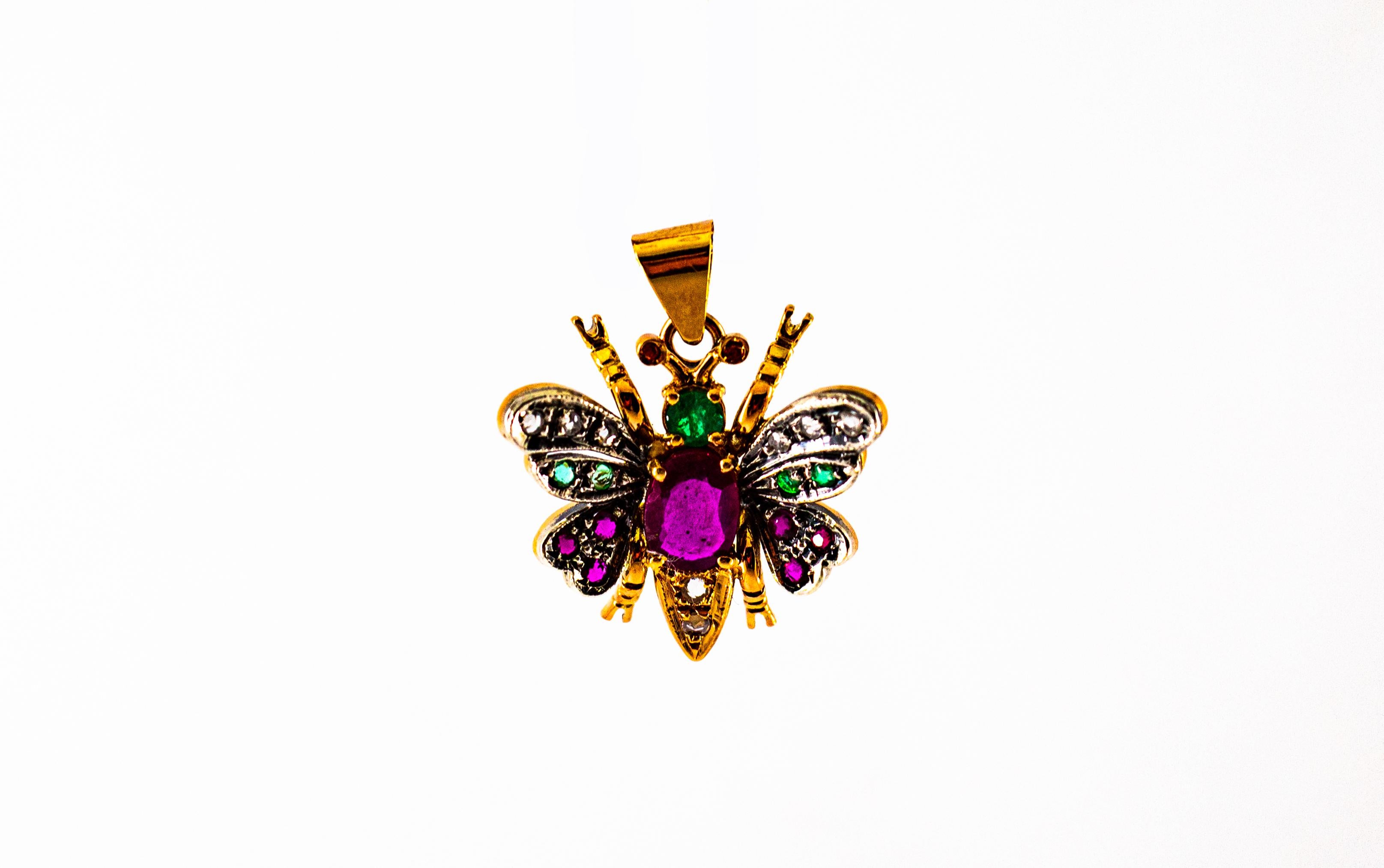 Rose Cut Art Nouveau White Diamond Sapphire Ruby Emerald Yellow Gold Butterfly Pendant For Sale