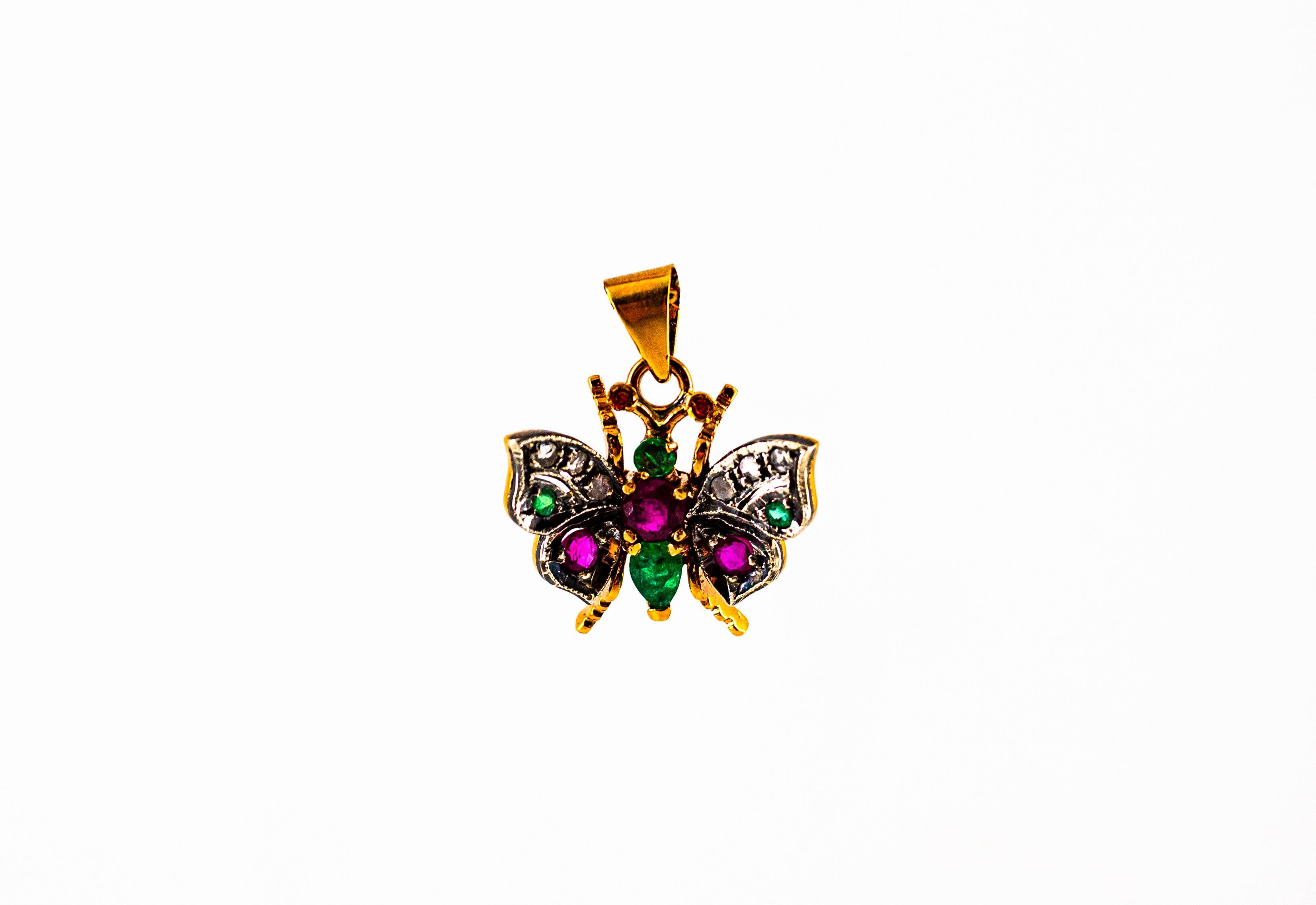 Rose Cut Art Nouveau White Diamond Sapphire Ruby Emerald Yellow Gold Butterfly Pendant