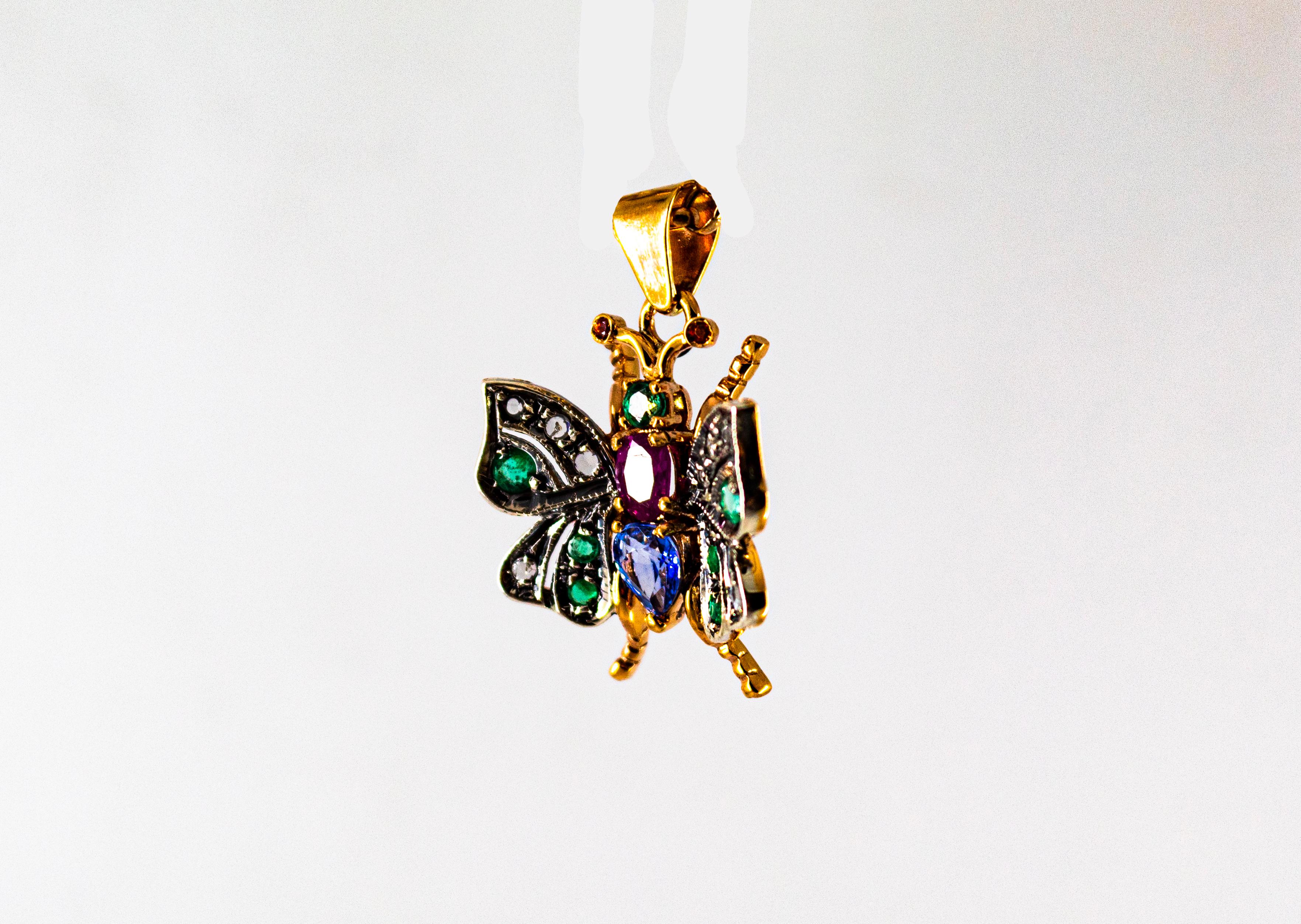 Rose Cut Art Nouveau White Diamond Sapphire Ruby Emerald Yellow Gold Butterfly Pendant
