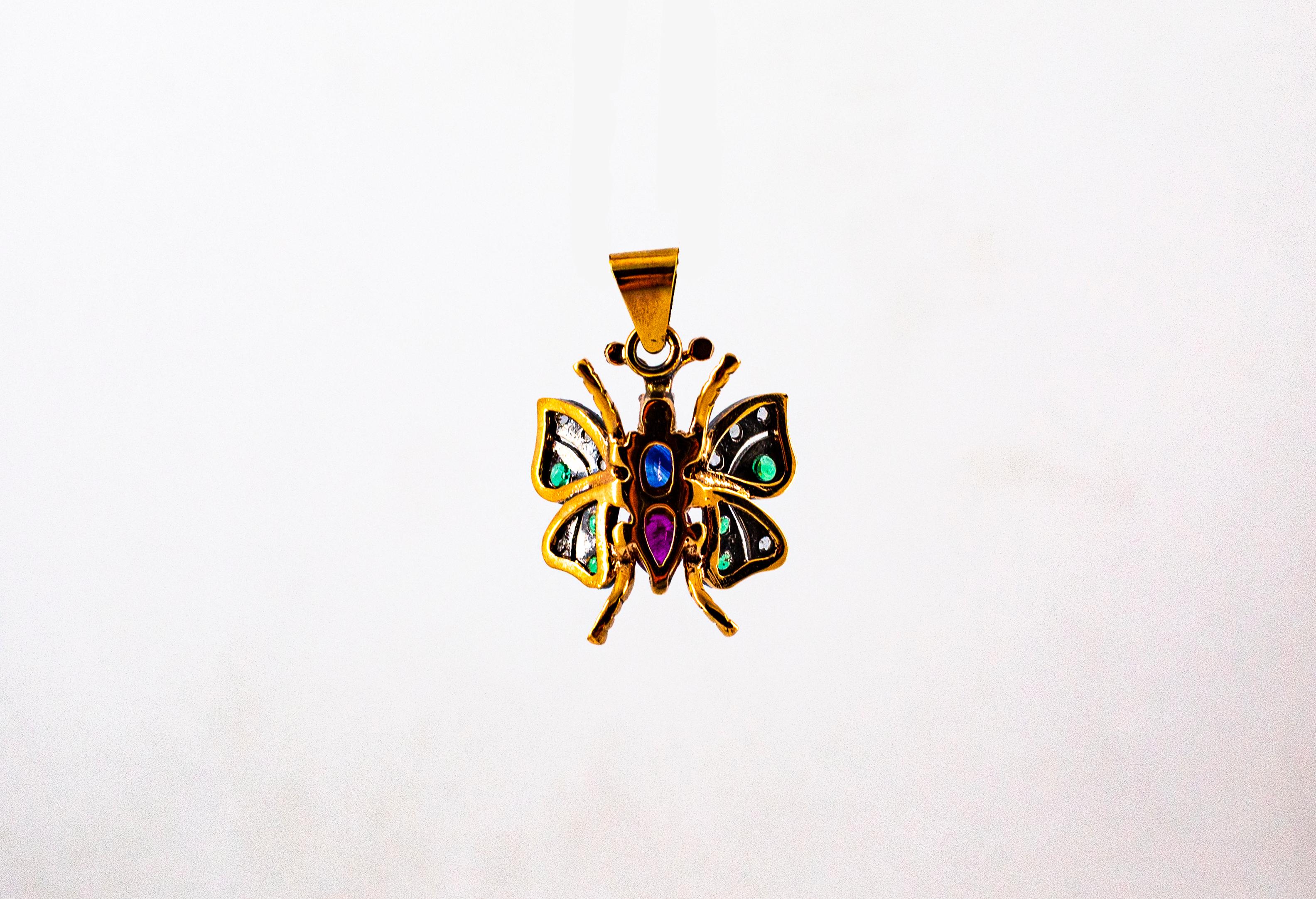 Rose Cut Art Nouveau White Diamond Sapphire Ruby Emerald Yellow Gold Butterfly Pendant