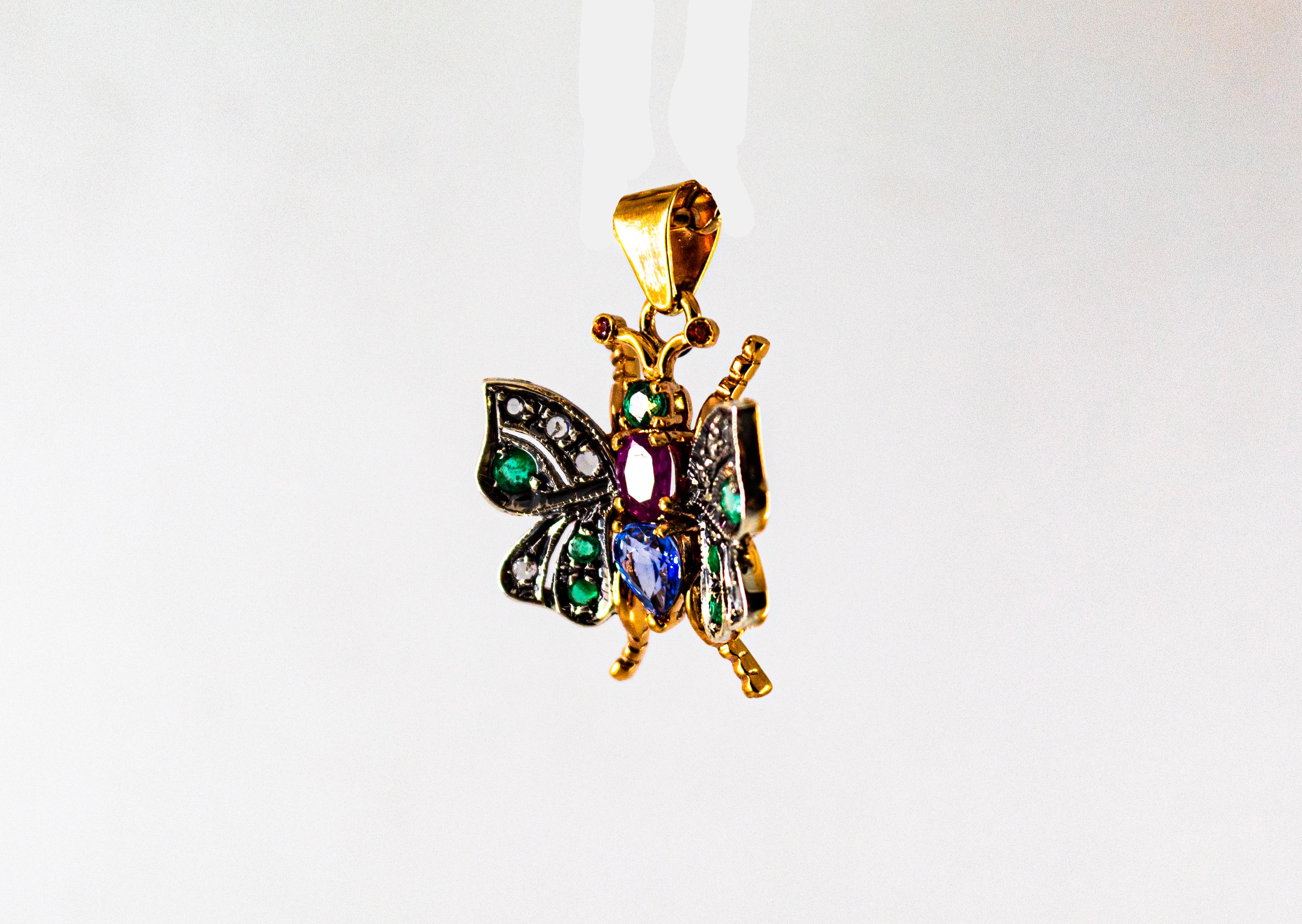 Jugendstil-Schmetterlingsanhänger, weißer Diamant, Saphir, Rubin, Smaragd, Gelbgold (Art nouveau) im Angebot