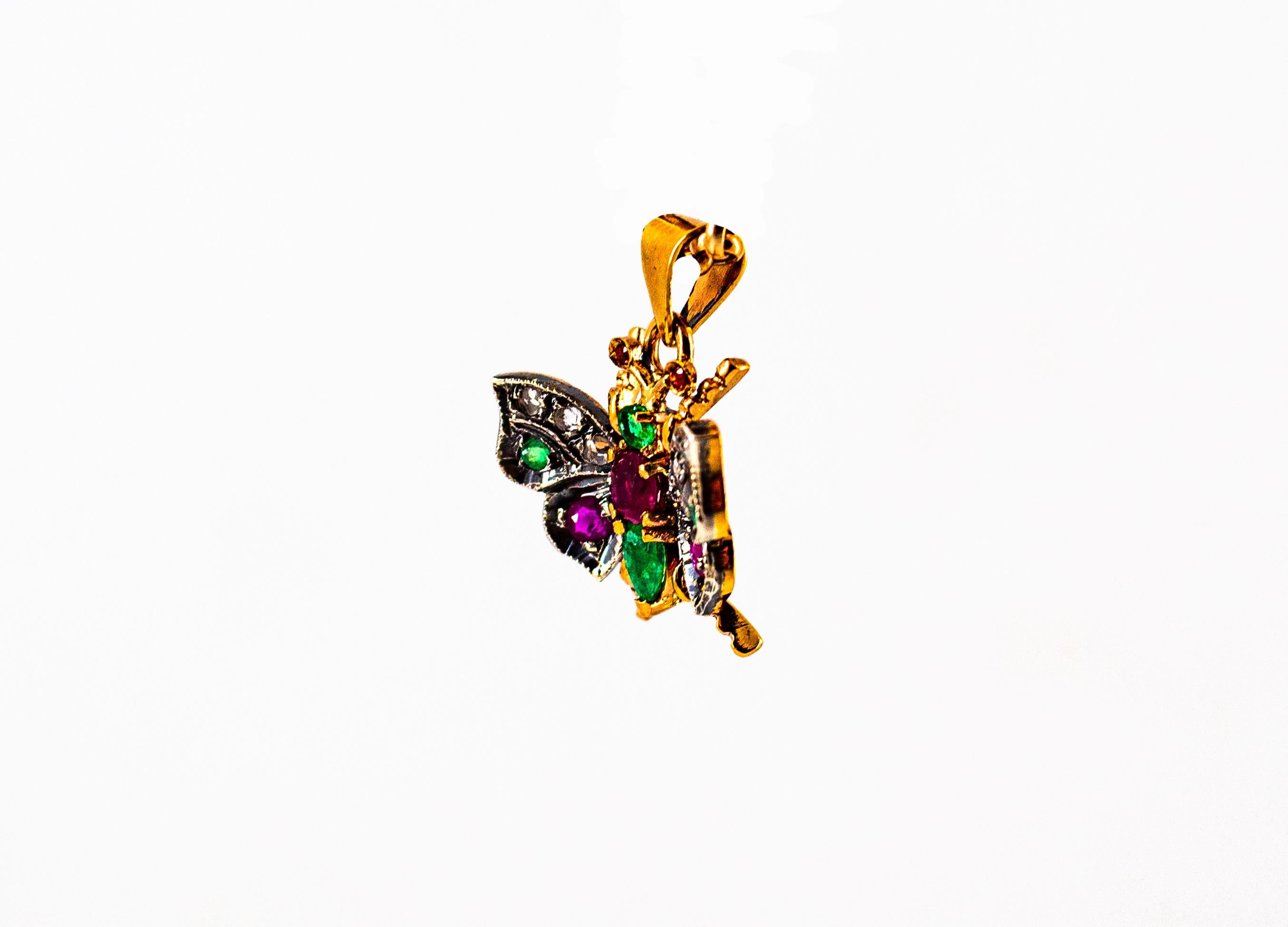 Art Nouveau White Diamond Sapphire Ruby Emerald Yellow Gold Butterfly Pendant In New Condition In Naples, IT