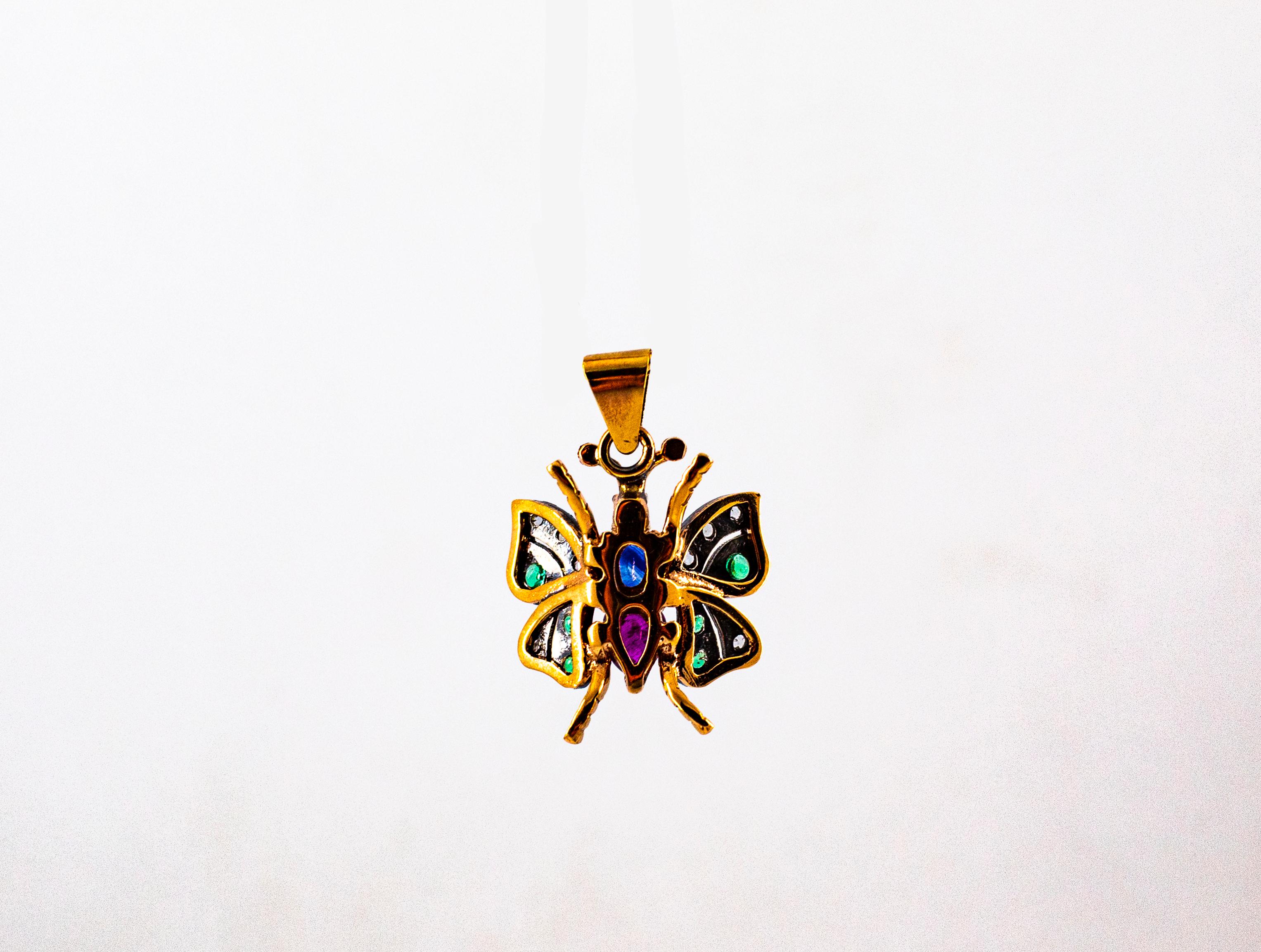 Art Nouveau White Diamond Sapphire Ruby Emerald Yellow Gold Butterfly Pendant In New Condition In Naples, IT
