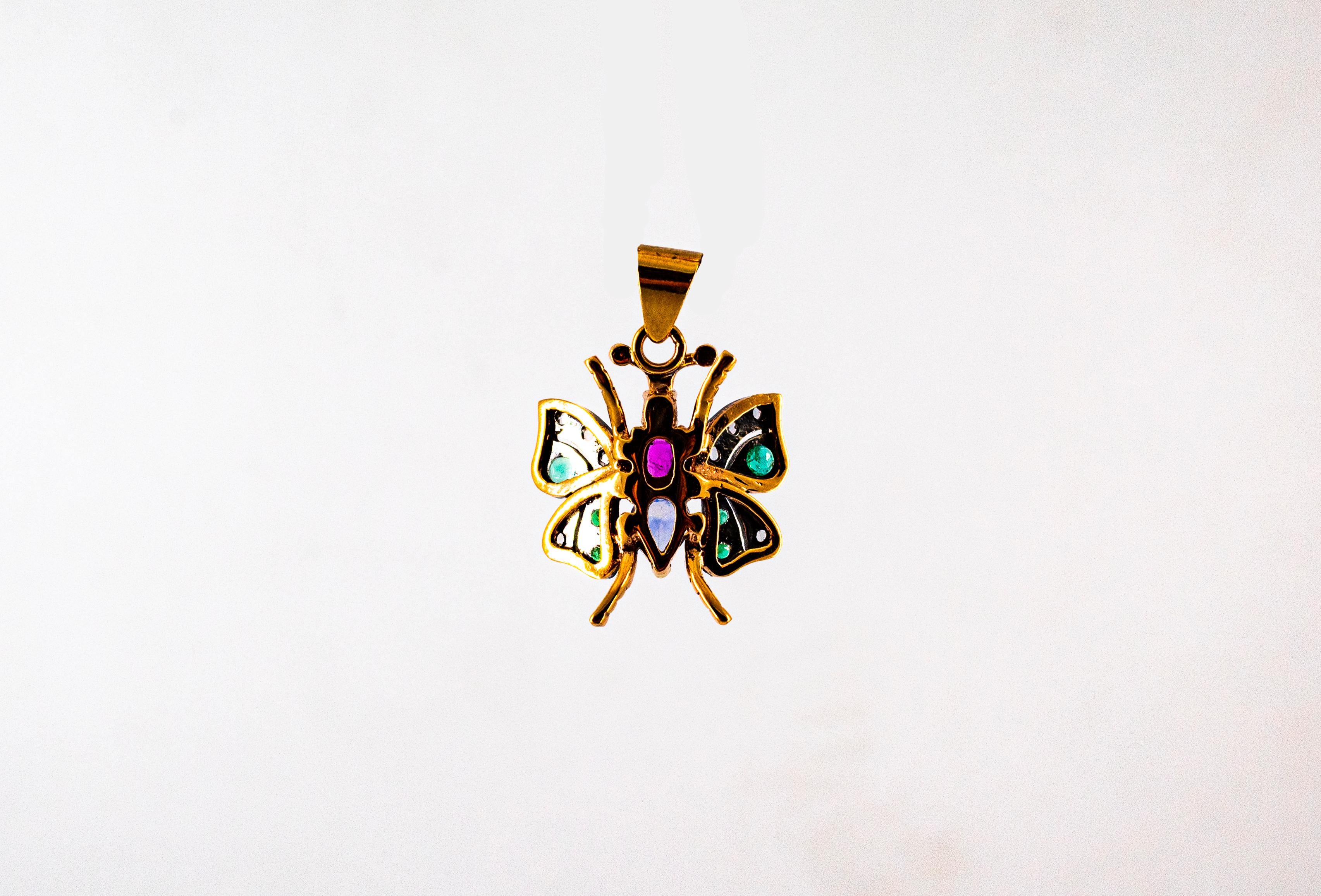 Women's or Men's Art Nouveau White Diamond Sapphire Ruby Emerald Yellow Gold Butterfly Pendant