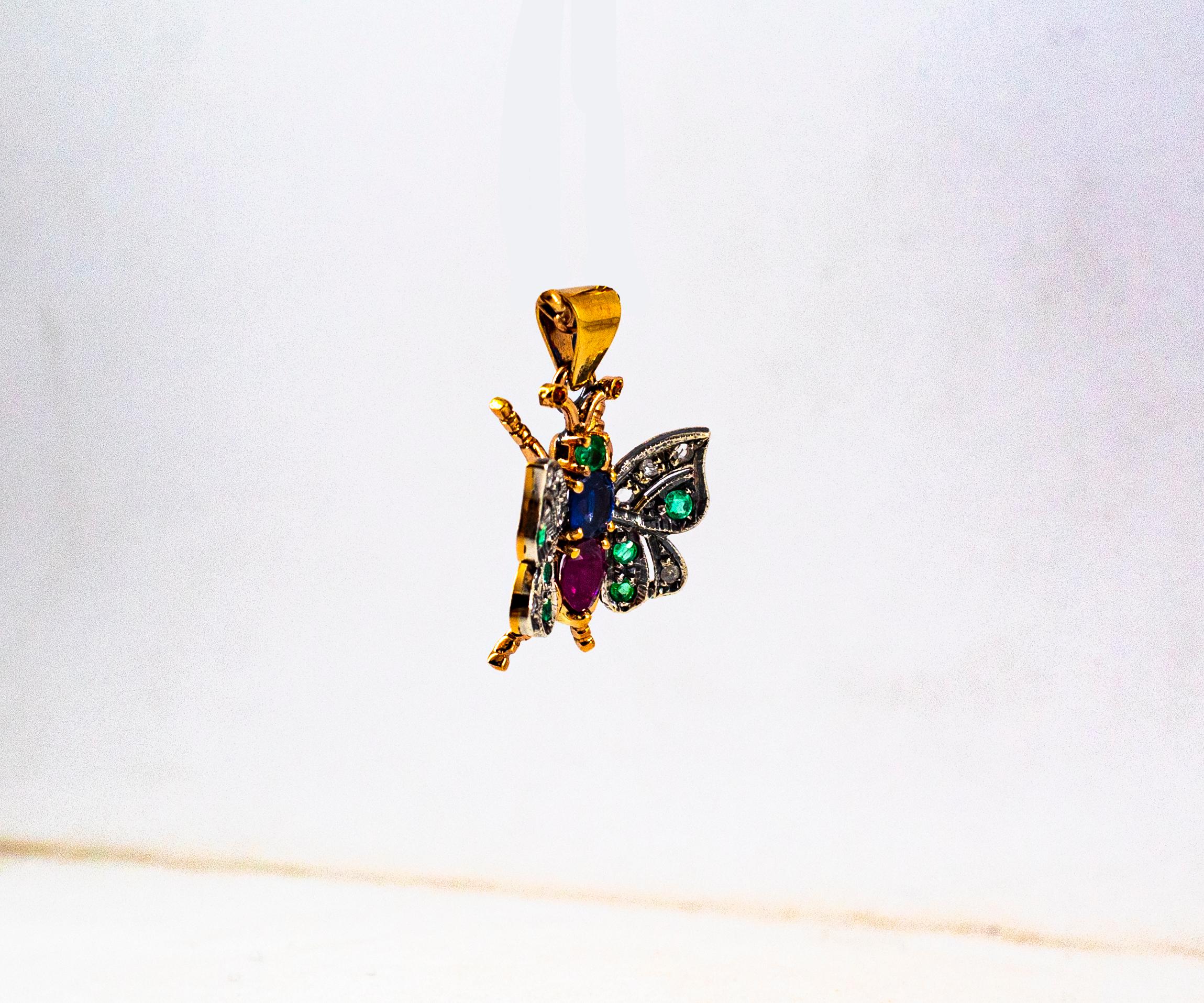 Women's or Men's Art Nouveau White Diamond Sapphire Ruby Emerald Yellow Gold Butterfly Pendant
