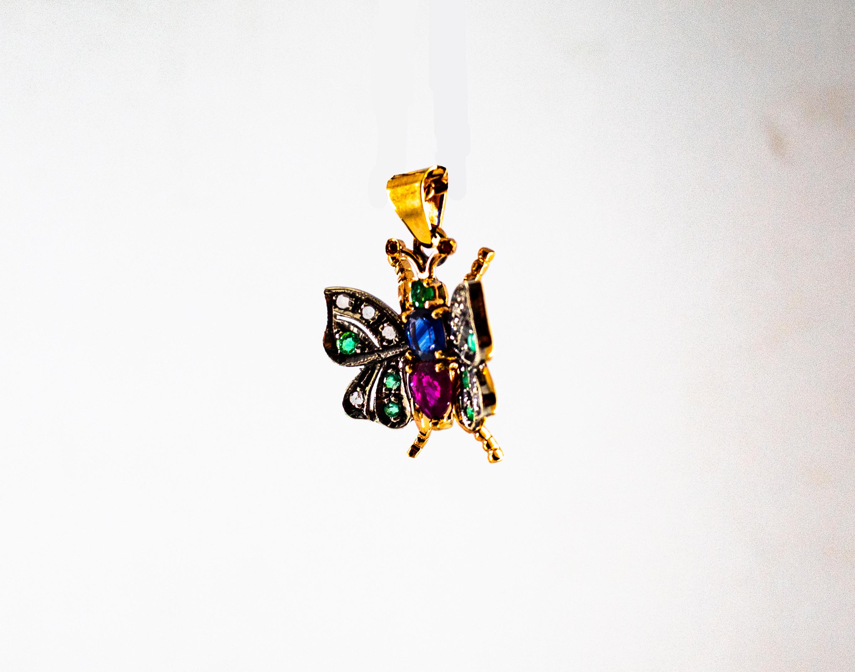 Art Nouveau White Diamond Sapphire Ruby Emerald Yellow Gold Butterfly Pendant 1