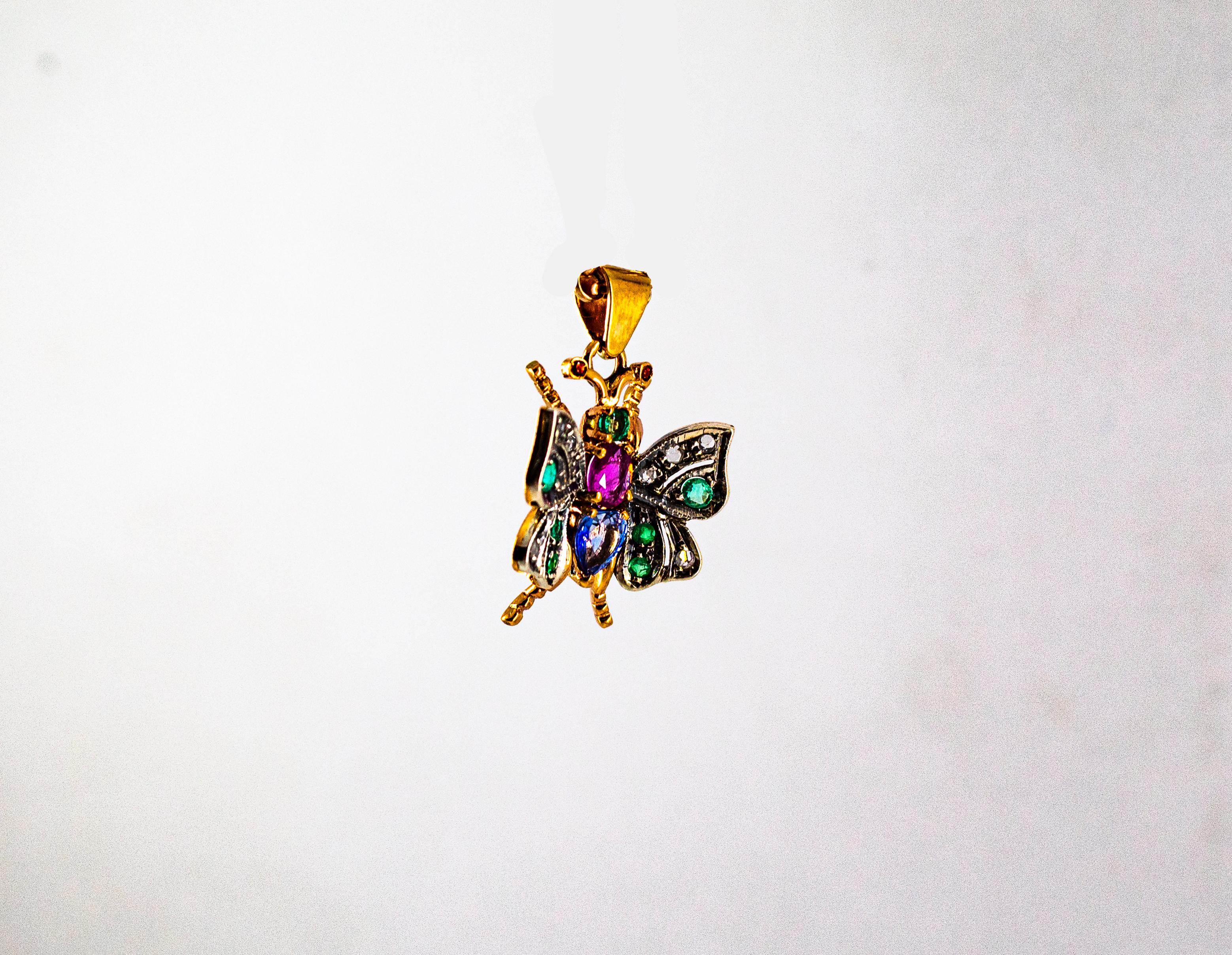 Jugendstil-Schmetterlingsanhänger, weißer Diamant, Saphir, Rubin, Smaragd, Gelbgold für Damen oder Herren im Angebot