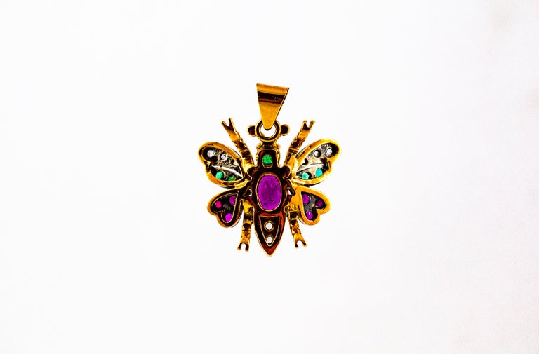 Art Nouveau White Diamond Sapphire Ruby Emerald Yellow Gold Butterfly Pendant For Sale 2