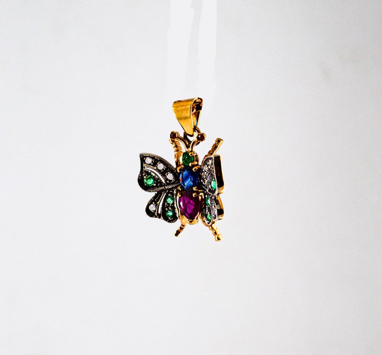 Art Nouveau White Diamond Sapphire Ruby Emerald Yellow Gold Butterfly Pendant For Sale 2
