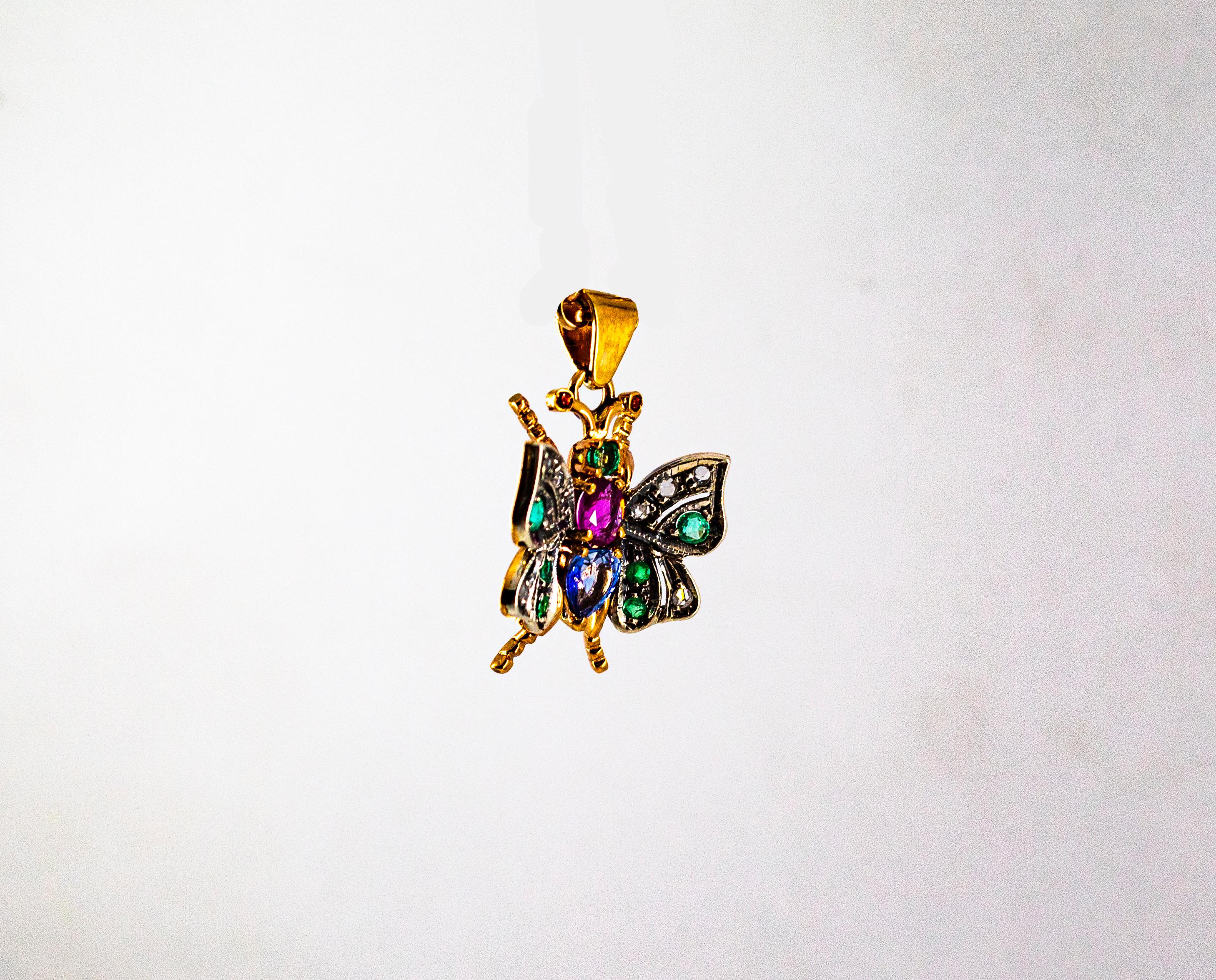 Jugendstil-Schmetterlingsanhänger, weißer Diamant, Saphir, Rubin, Smaragd, Gelbgold im Angebot 1