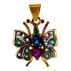 Art Nouveau White Diamond Sapphire Ruby Emerald Yellow Gold Butterfly Pendant