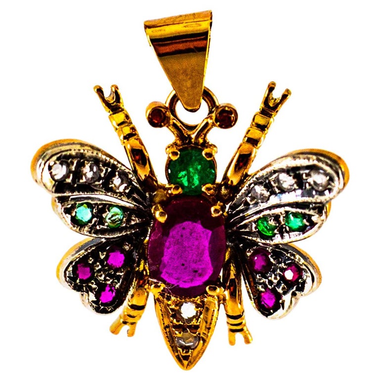 Art Nouveau White Diamond Sapphire Ruby Emerald Yellow Gold Butterfly Pendant For Sale
