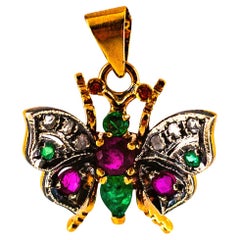 Art Nouveau White Diamond Sapphire Ruby Emerald Yellow Gold Butterfly Pendant