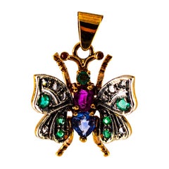 Art Nouveau White Diamond Sapphire Ruby Emerald Yellow Gold Butterfly Pendant