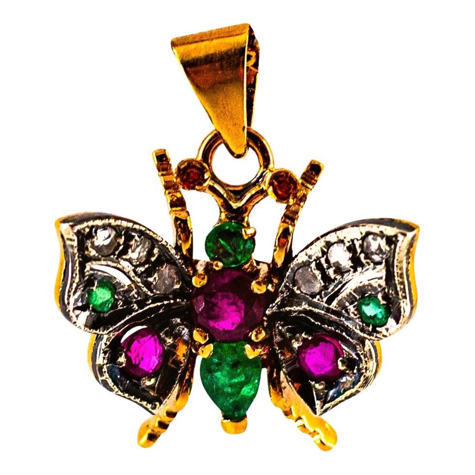 Pendentif papillon Art Nouveau en or jaune avec diamant blanc, saphir, rubis et émeraude