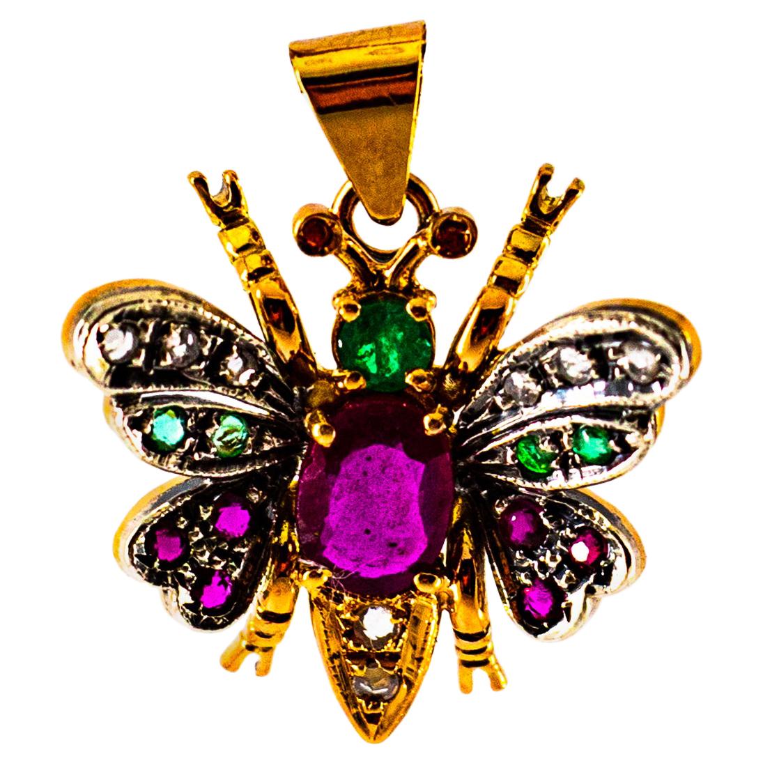 Ciondolo a farfalla in oro giallo Art Nouveau con diamante bianco, zaffiro, rubino e smeraldo in vendita