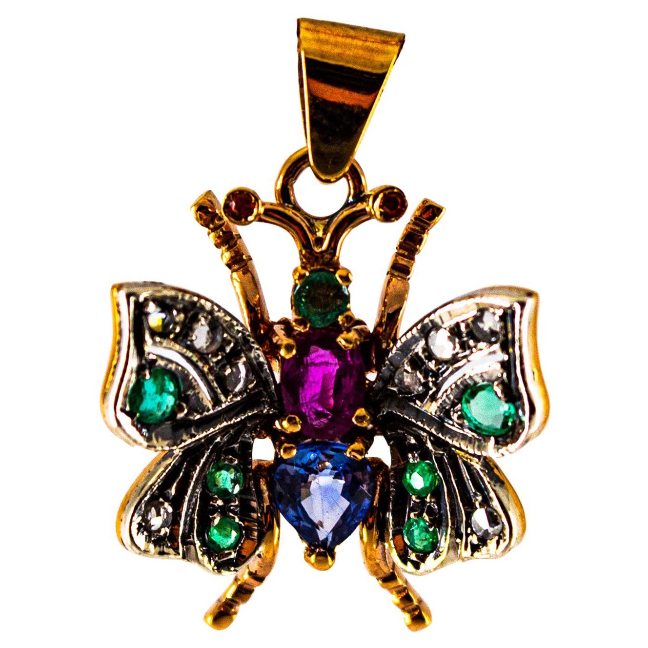 Jugendstil-Schmetterlingsanhänger, weißer Diamant, Saphir, Rubin, Smaragd, Gelbgold im Angebot