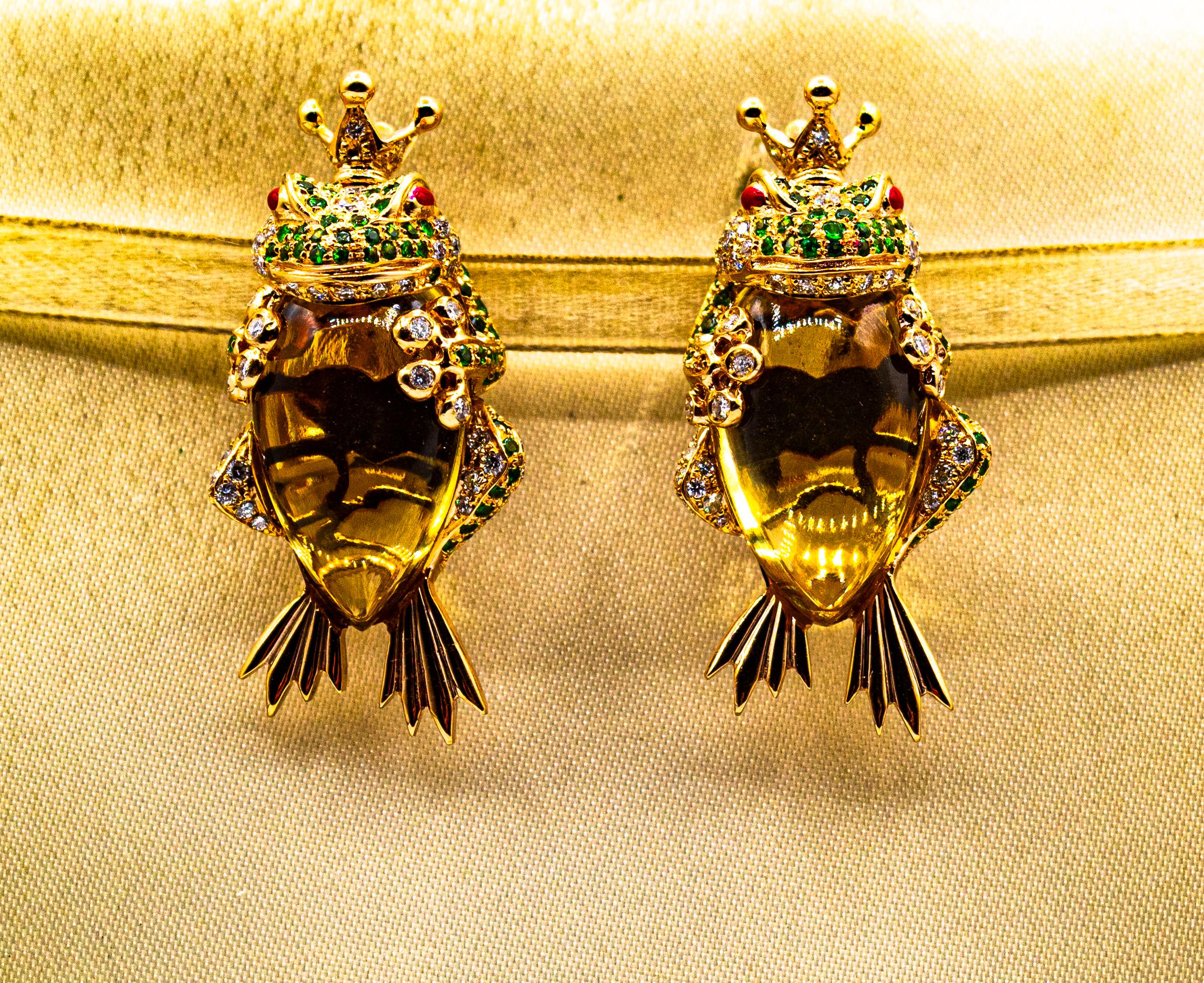 These Clip-On Earrings are made of 14K Yellow Gold.
These Earrings have 1.60 Carats of White Brilliant Cut Diamonds.
These Earrings have 2.60 Carats of Tsavorite.
These Earrings have 25.00 Carats of Citrine.

These Earrings have also their matching