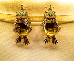 Art Nouveau White Diamond Tsavorite Citrine Yellow Gold Dangle "Frog" Earrings