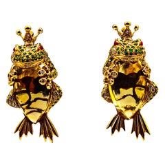 Orecchini "rana" Art Nouveau in oro giallo con diamante bianco, zavorra e citrino
