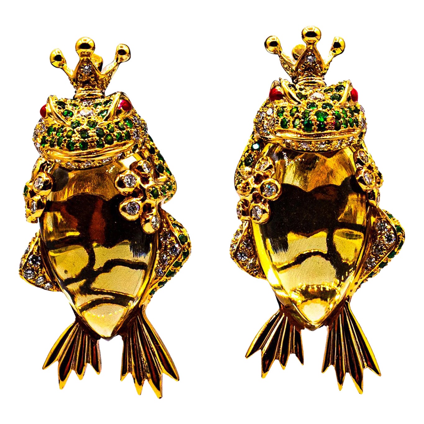 Art Nouveau White Diamond Tsavorite Citrine Yellow Gold Dangle "Frog" Earrings