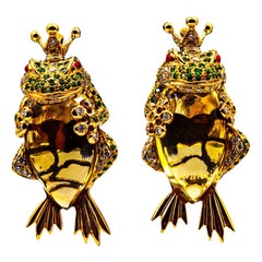 Art Nouveau Pendientes "Rana" Diamante Blanco Tsavorita Citrino Oro Amarillo
