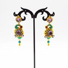 Art Nouveau Boucles d'oreilles "fleurs" en or jaune diamant blanc turquoise rubis améthyste