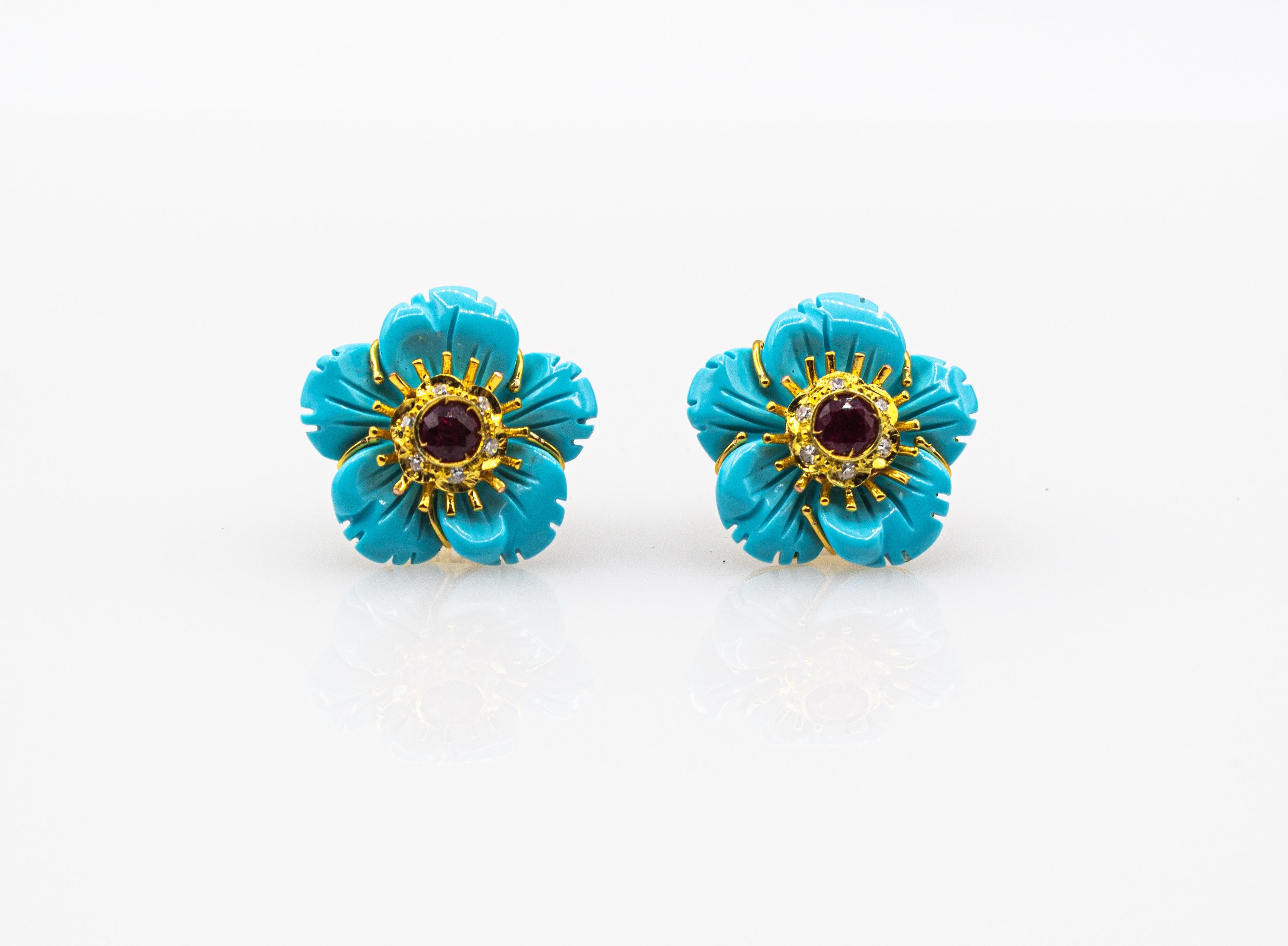 Art Nouveau White Diamond Turquoise Ruby Yellow Gold Clip-On Flowers Earrings 4