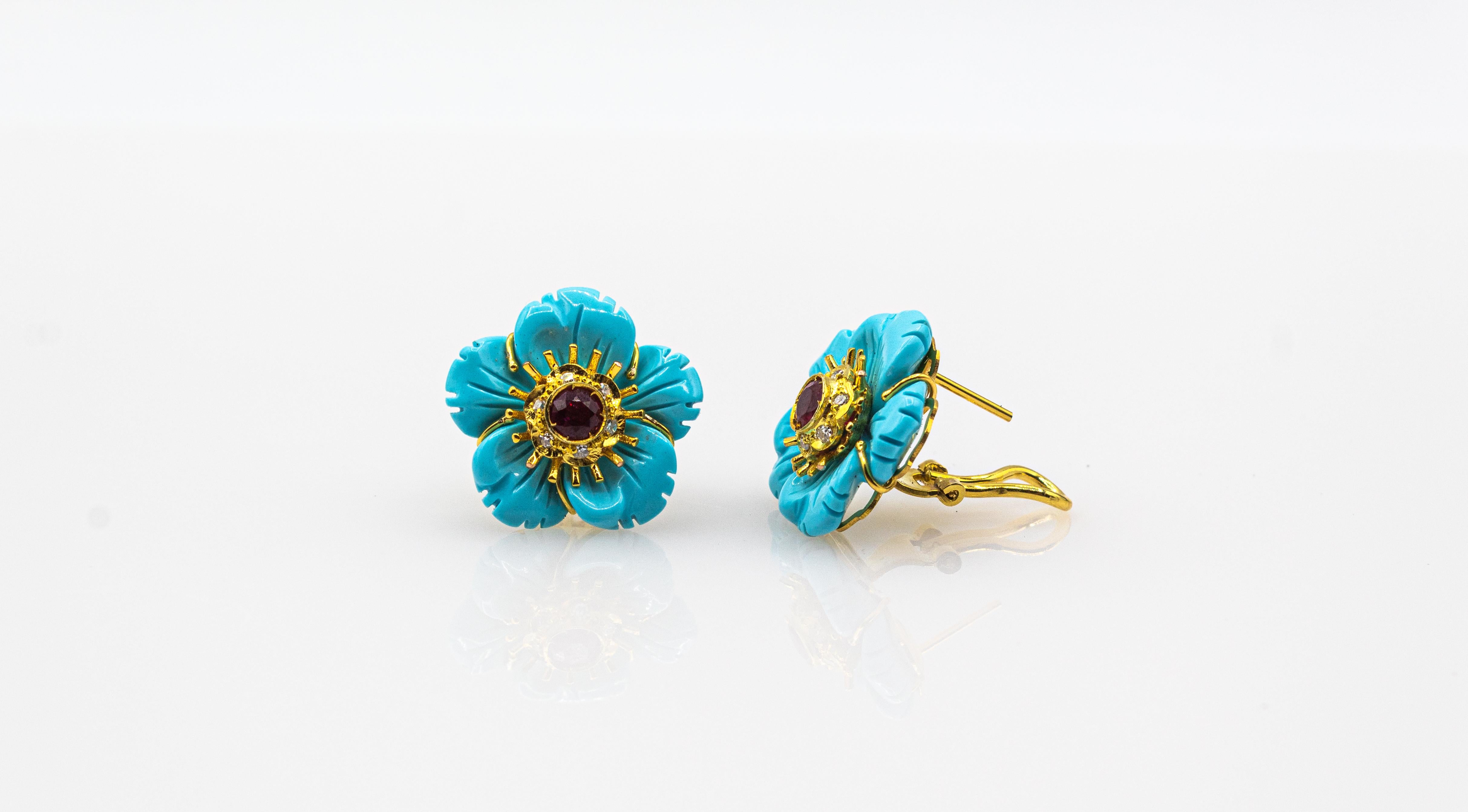 Art Nouveau White Diamond Turquoise Ruby Yellow Gold Clip-On Flowers Earrings For Sale 6