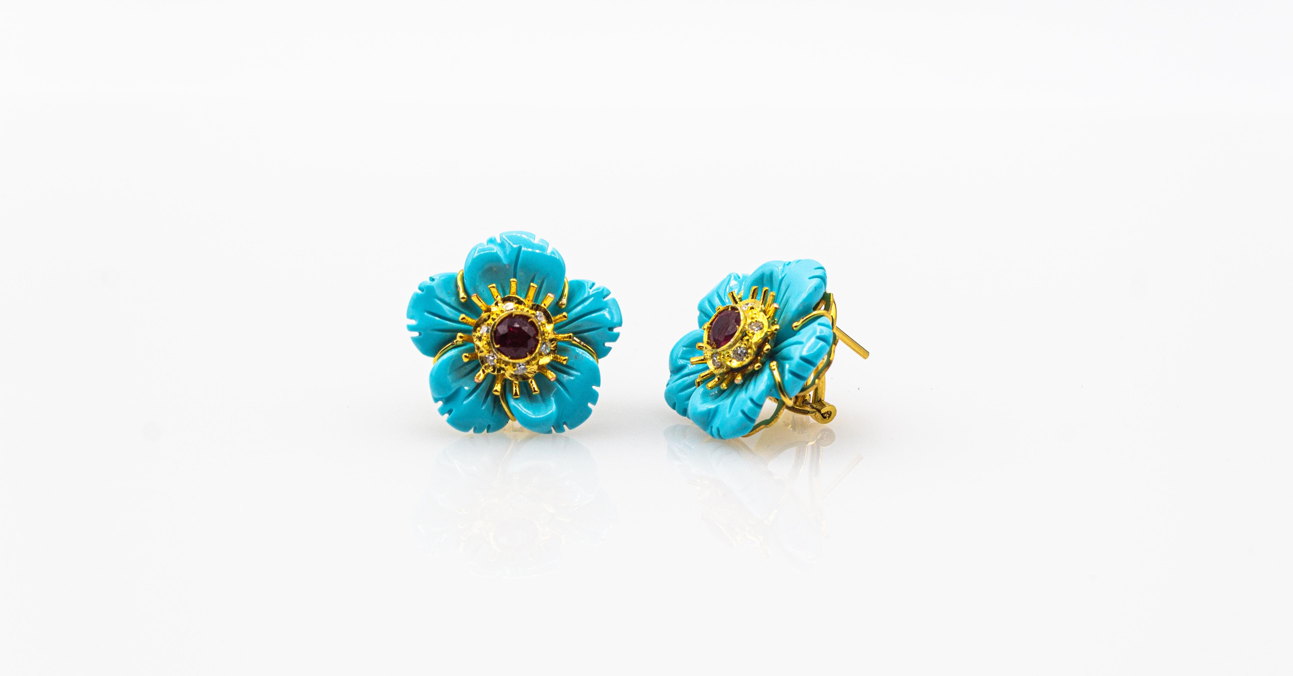 Art Nouveau White Diamond Turquoise Ruby Yellow Gold Clip-On Flowers Earrings 6