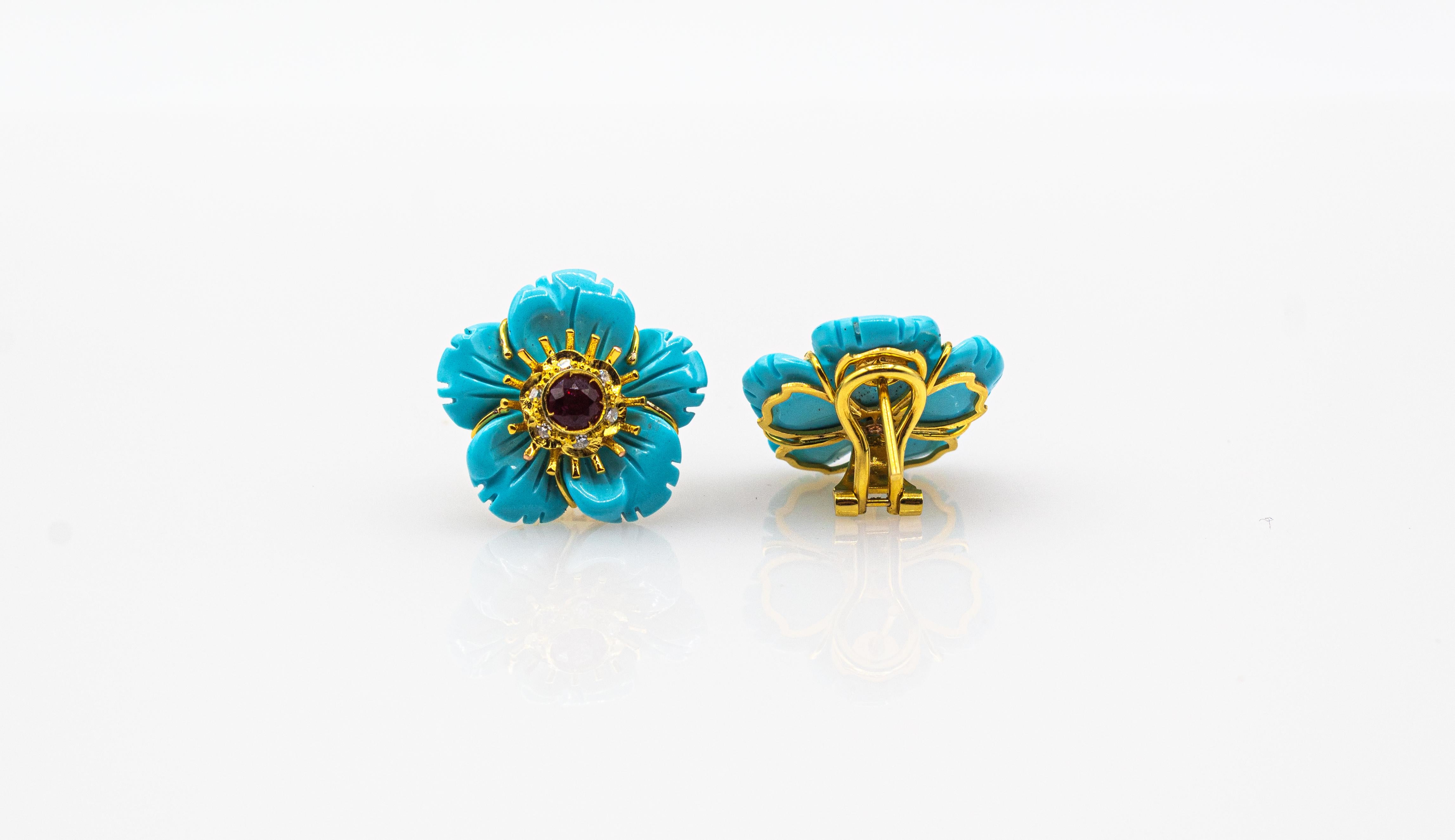 Art Nouveau White Diamond Turquoise Ruby Yellow Gold Clip-On Flowers Earrings 7