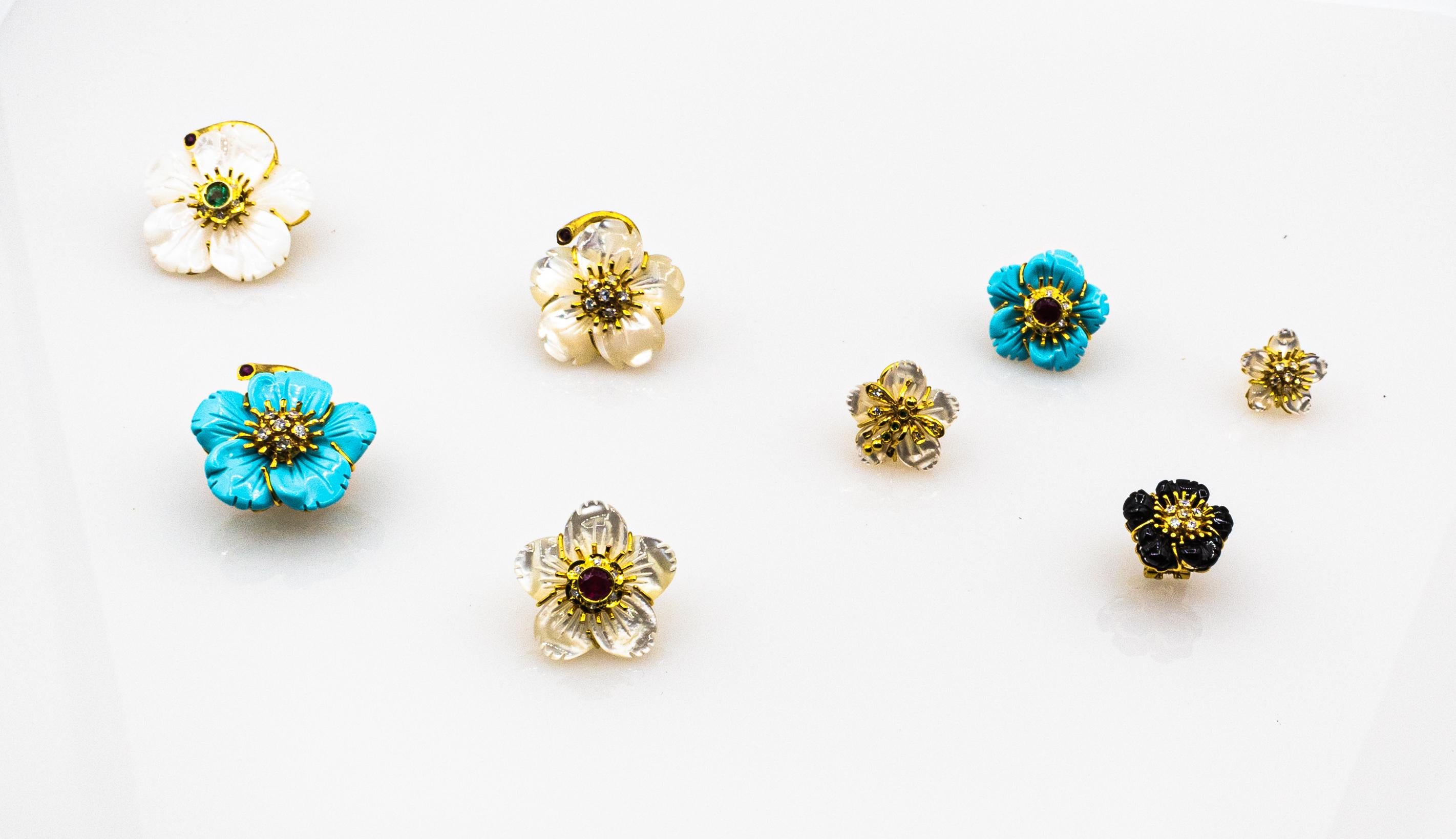 Art Nouveau White Diamond Turquoise Ruby Yellow Gold Clip-On Flowers Earrings 9