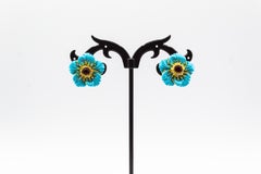 Art Nouveau White Diamond Turquoise Ruby Yellow Gold Clip-On Flowers Earrings