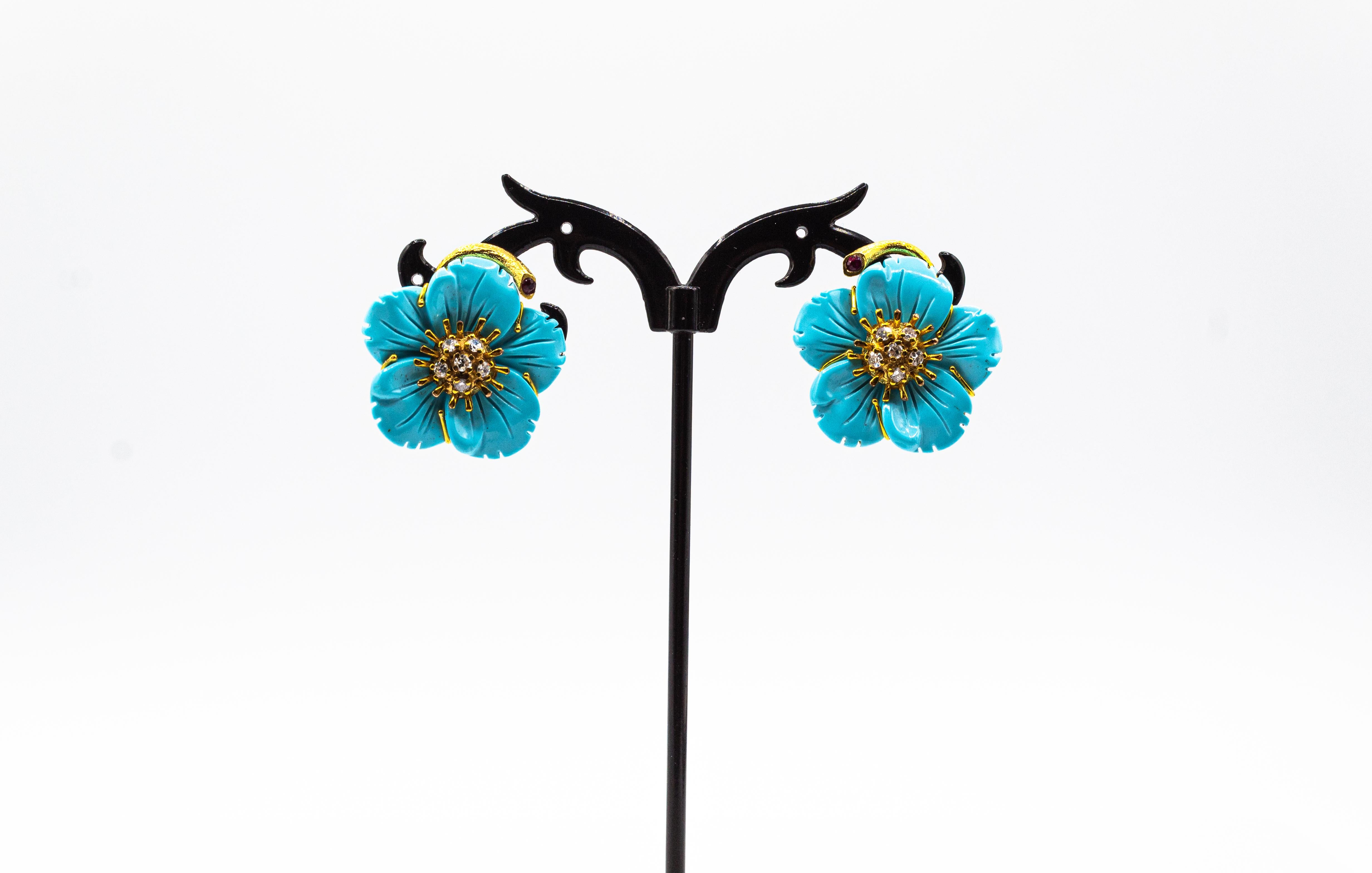 Brilliant Cut Art Nouveau White Diamond Turquoise Ruby Yellow Gold Clip-On Flowers Earrings For Sale