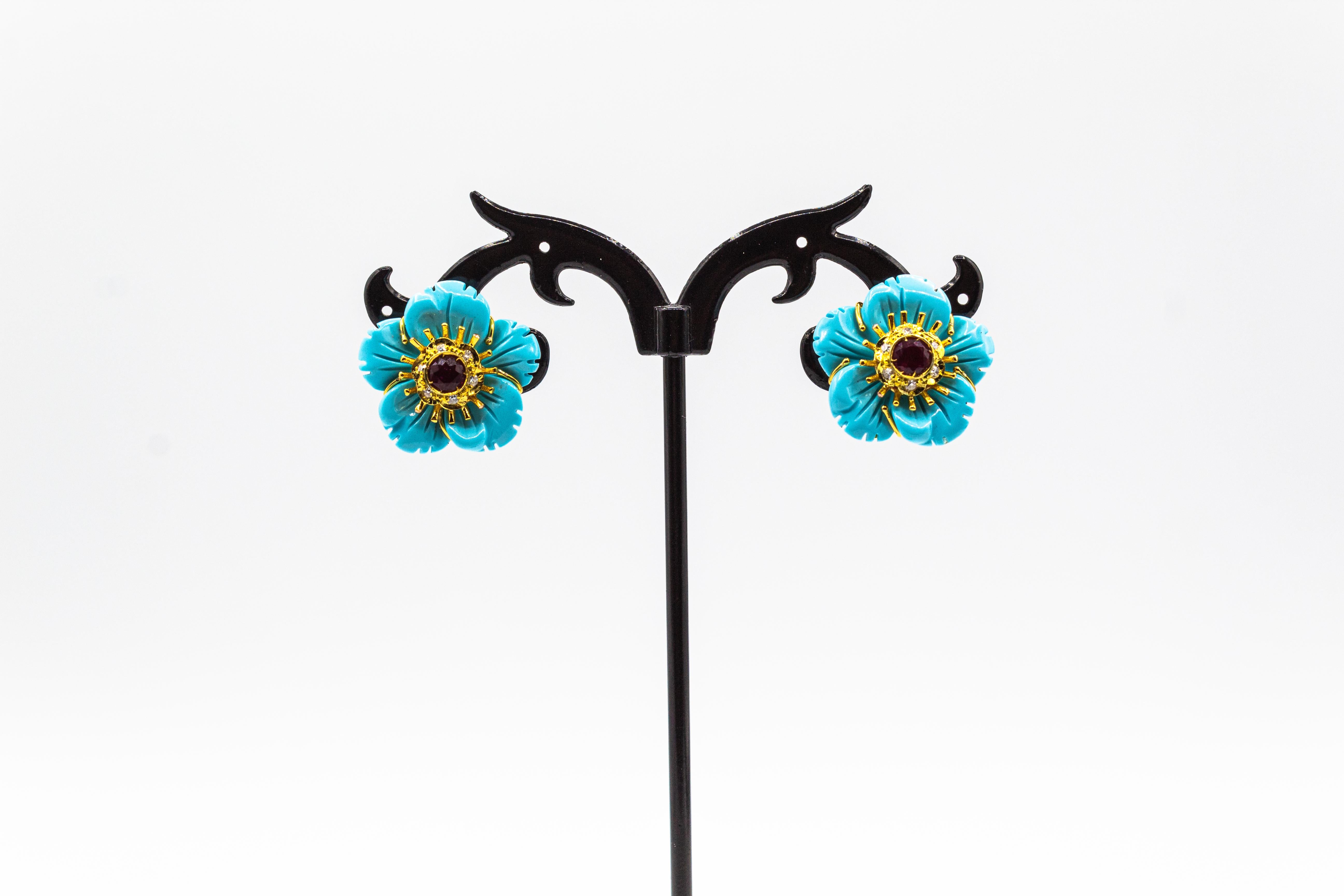 Brilliant Cut Art Nouveau White Diamond Turquoise Ruby Yellow Gold Clip-On Flowers Earrings For Sale
