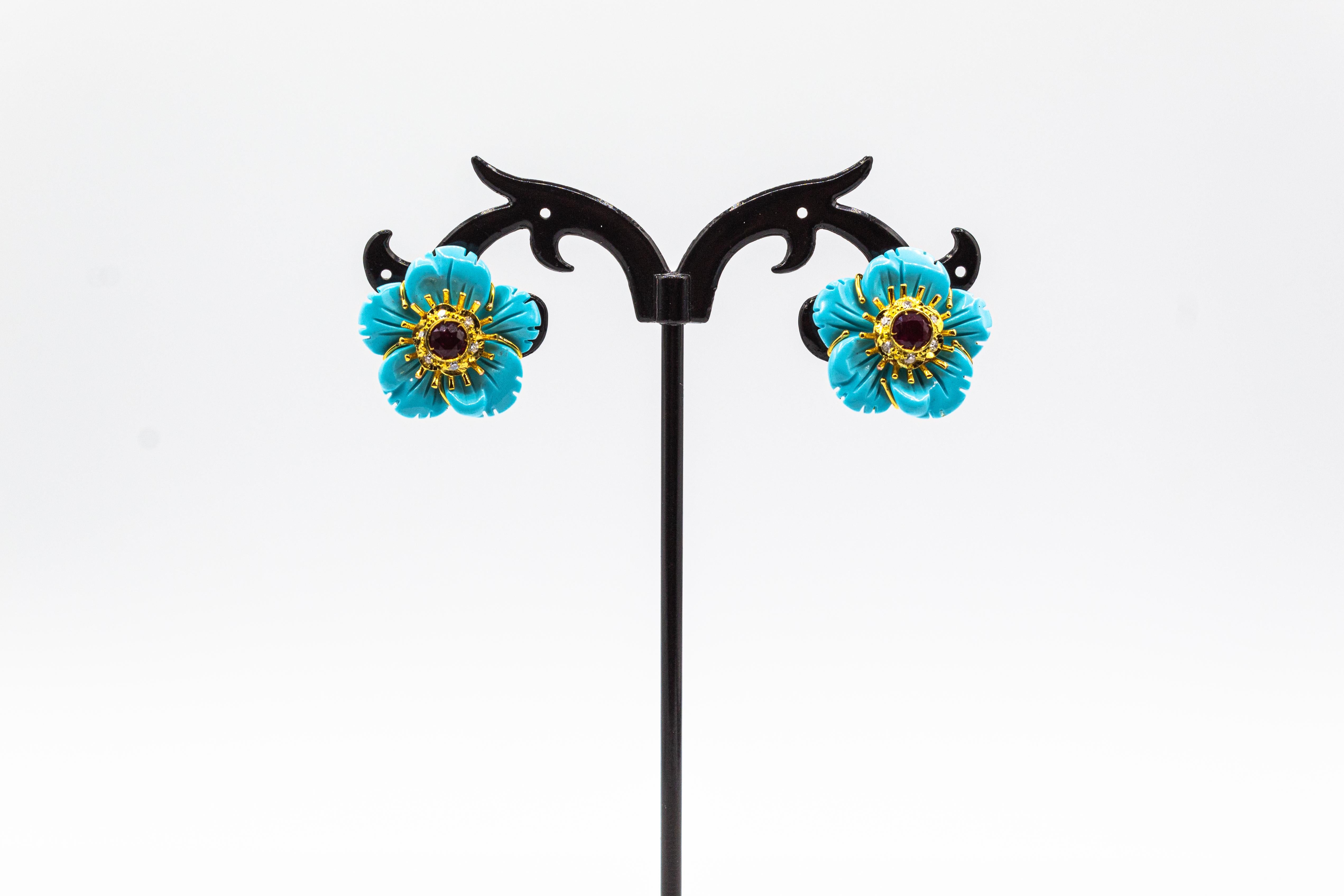 Brilliant Cut Art Nouveau White Diamond Turquoise Ruby Yellow Gold Clip-On Flowers Earrings