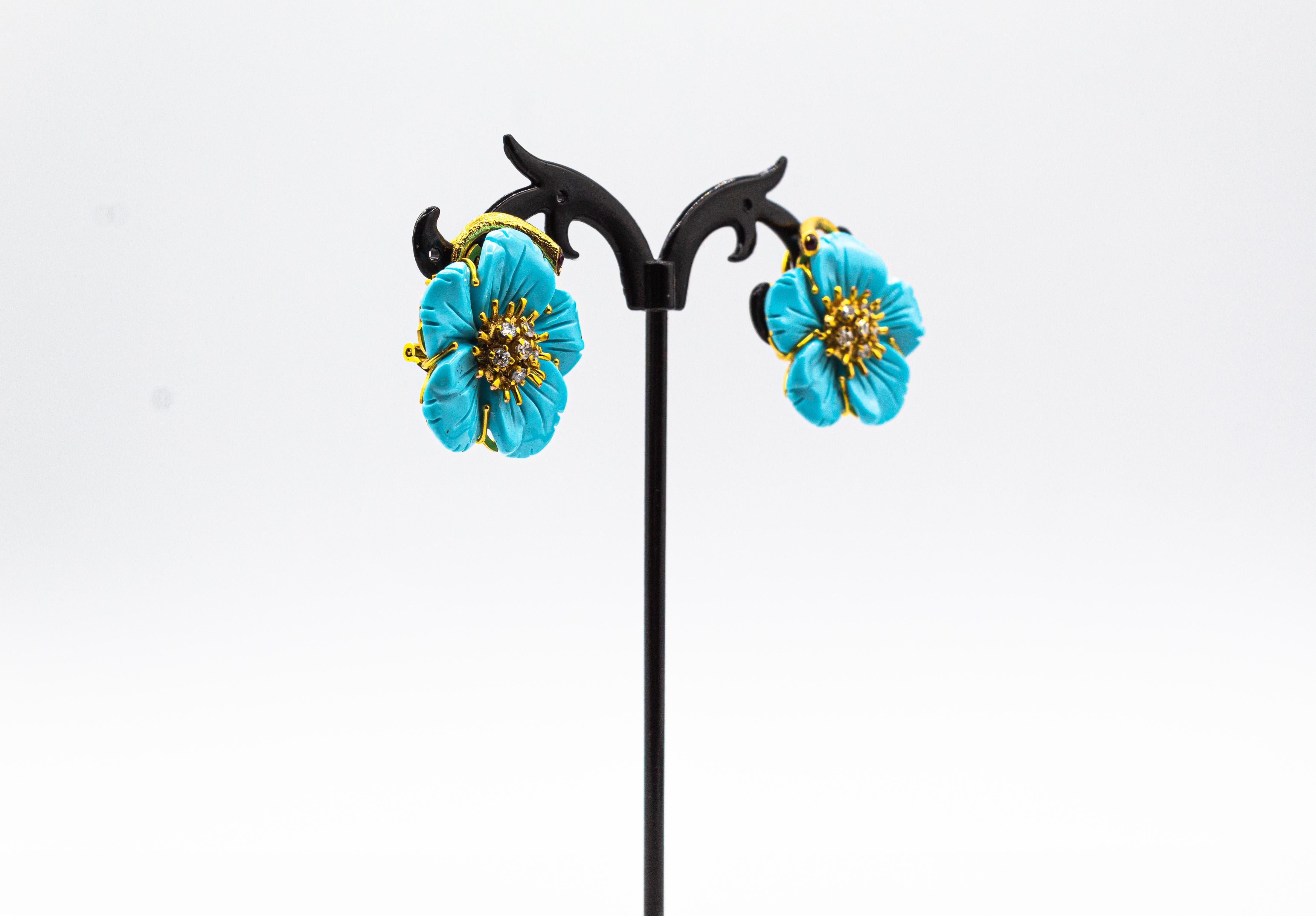 Art Nouveau White Diamond Turquoise Ruby Yellow Gold Clip-On Flowers Earrings In New Condition For Sale In Naples, IT