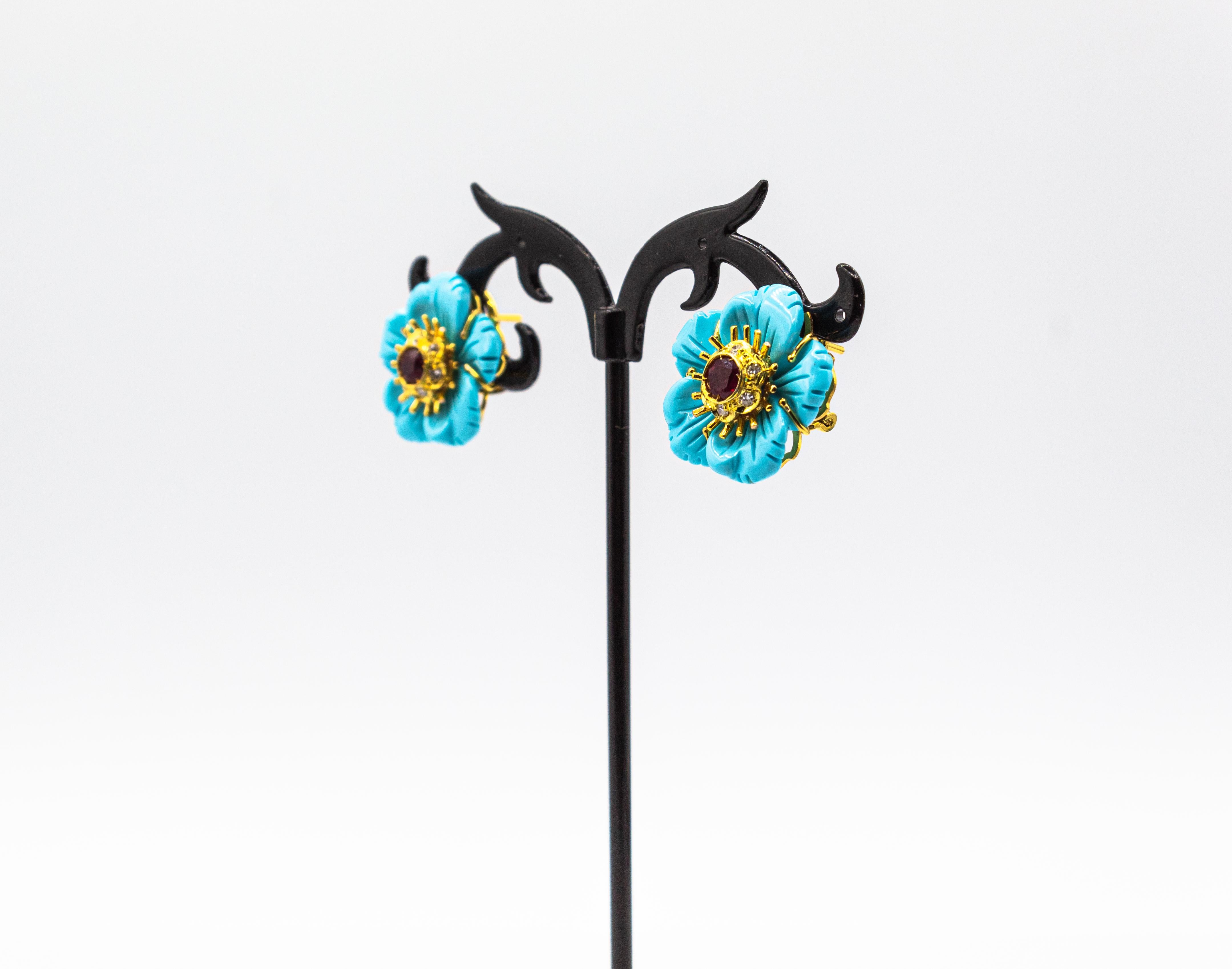 Art Nouveau White Diamond Turquoise Ruby Yellow Gold Clip-On Flowers Earrings In New Condition In Naples, IT