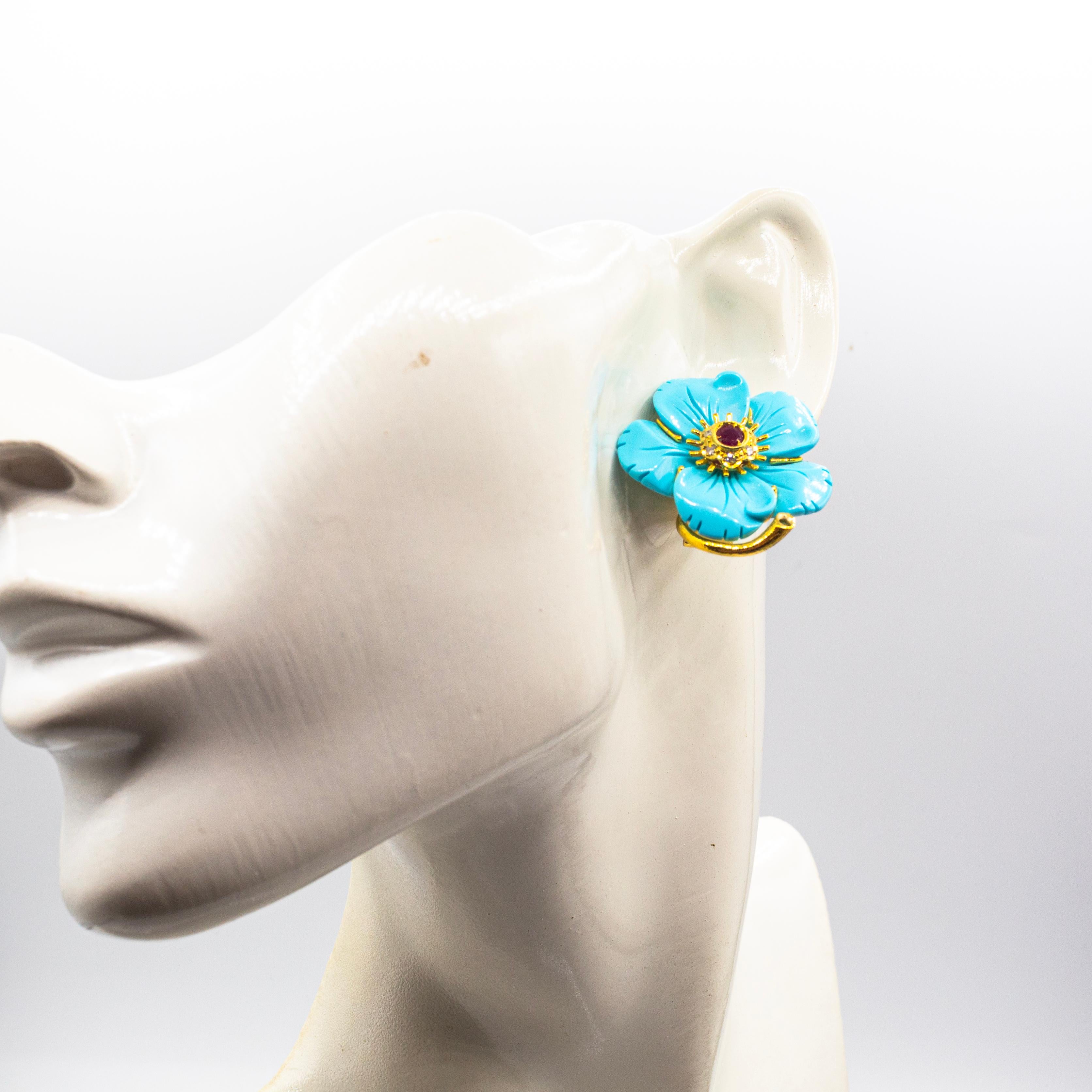 da uomo o donna Art Nouveau White Diamond Turquoise Ruby Yellow Gold Clip-On Flowers Earrings in vendita