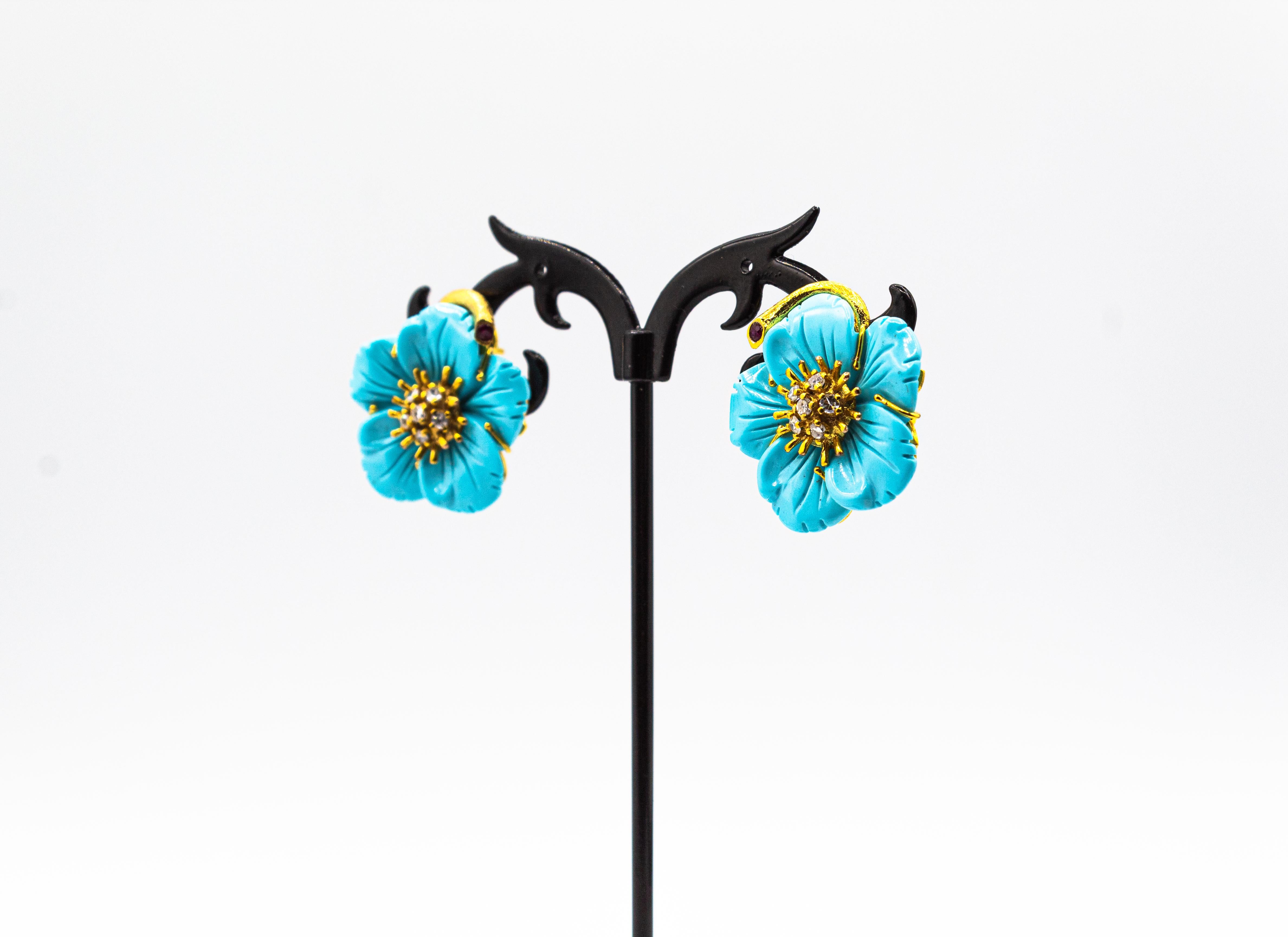 Art Nouveau White Diamond Turquoise Ruby Yellow Gold Clip-On Flowers Earrings For Sale 1