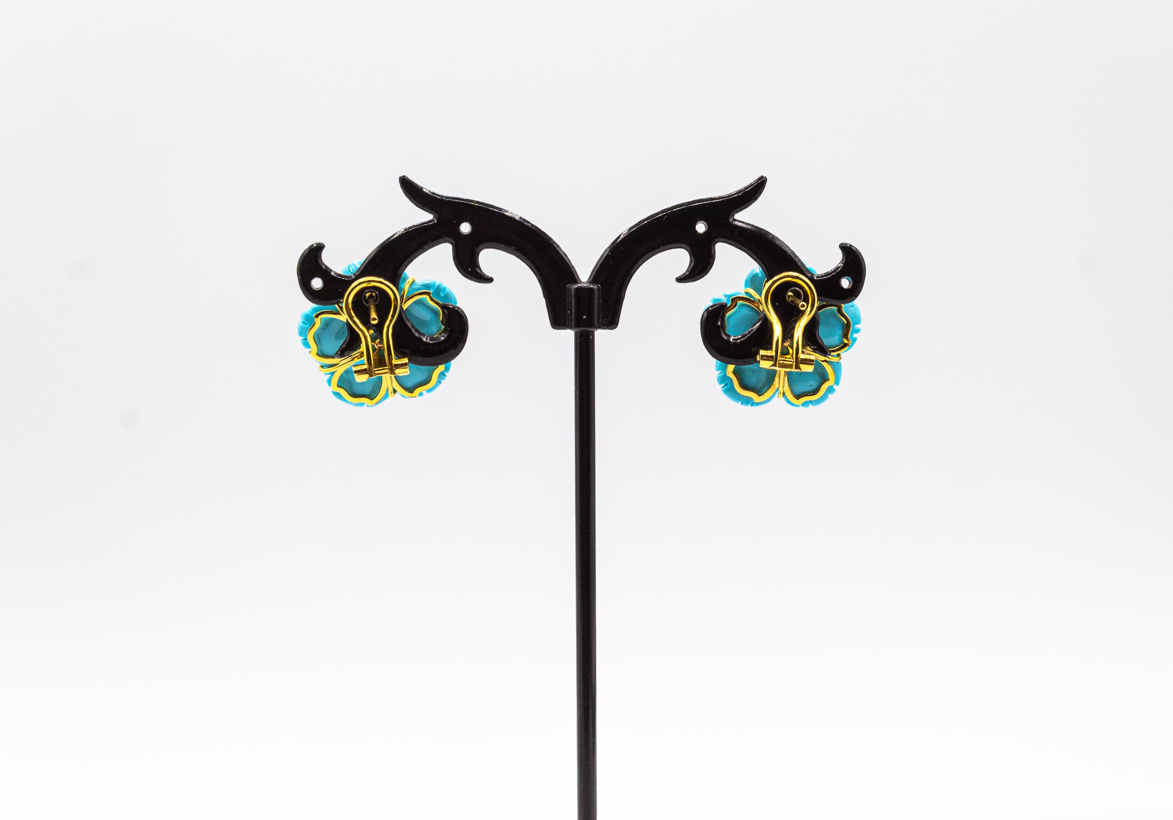 Art Nouveau White Diamond Turquoise Ruby Yellow Gold Clip-On Flowers Earrings For Sale 1