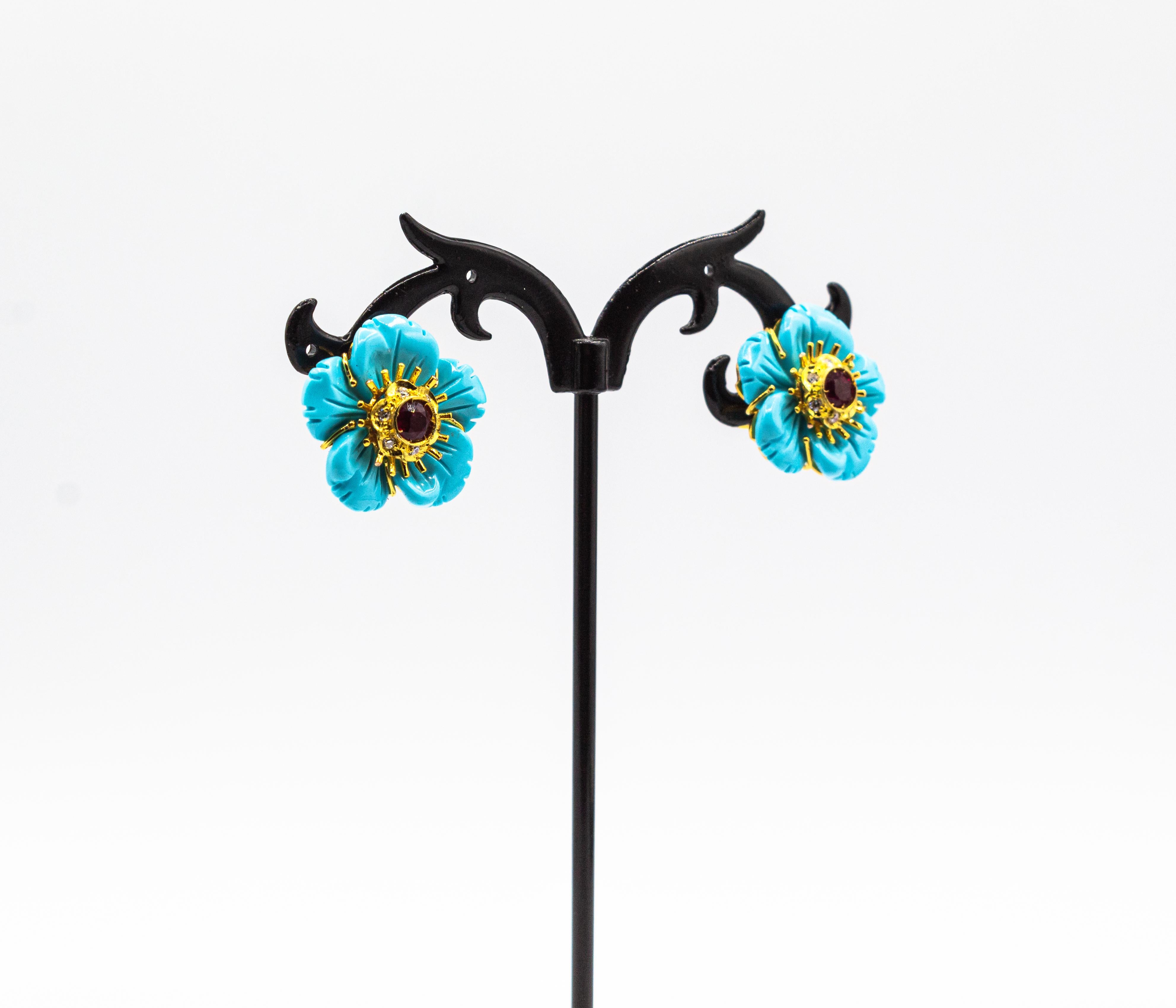 Art Nouveau White Diamond Turquoise Ruby Yellow Gold Clip-On Flowers Earrings 1
