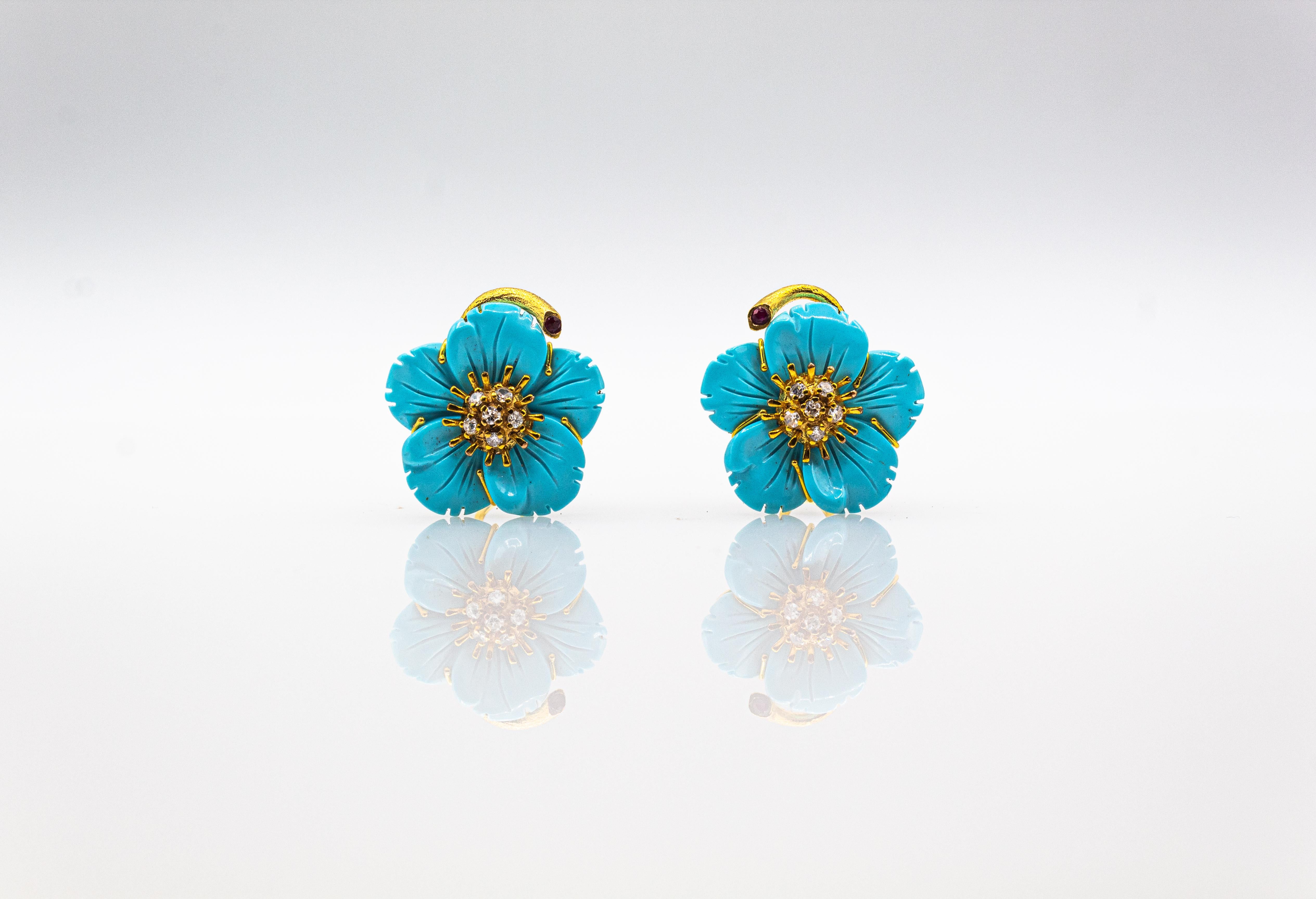Art Nouveau White Diamond Turquoise Ruby Yellow Gold Clip-On Flowers Earrings For Sale 2