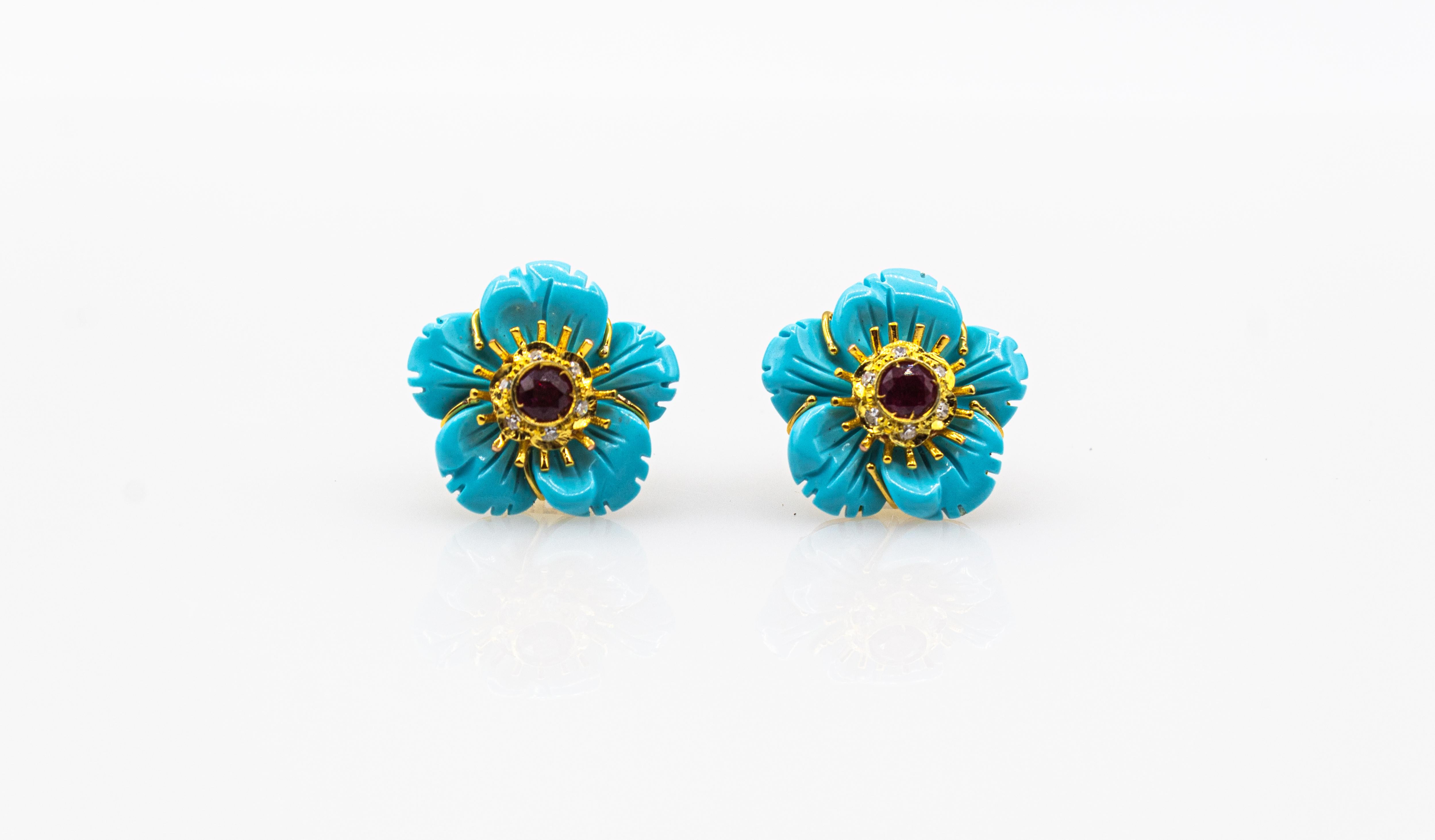 Art Nouveau White Diamond Turquoise Ruby Yellow Gold Clip-On Flowers Earrings 2