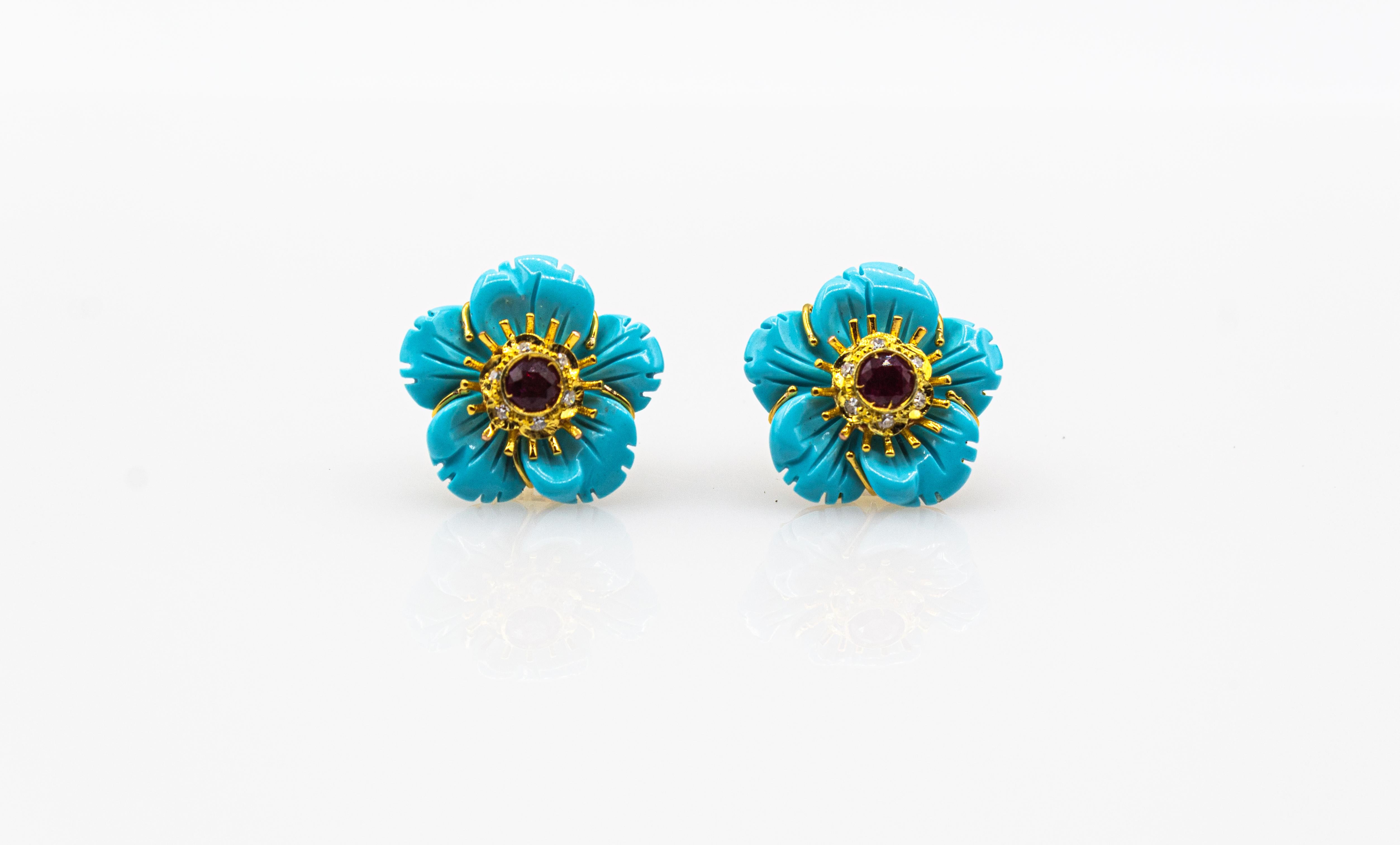 Art Nouveau White Diamond Turquoise Ruby Yellow Gold Clip-On Flowers Earrings 3