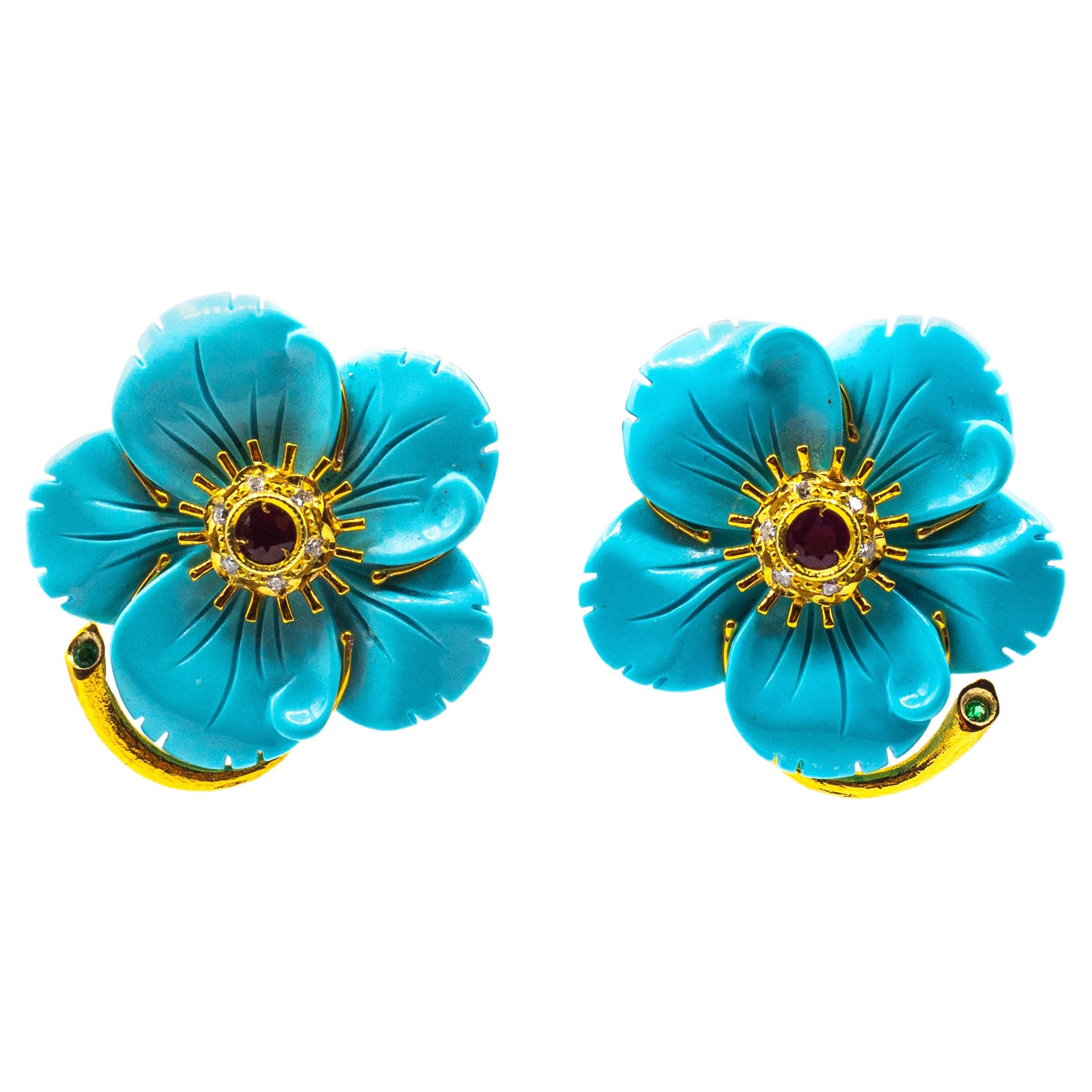Art Nouveau Boucles d'oreilles fleurs à clip en or jaune diamant blanc turquoise rubis