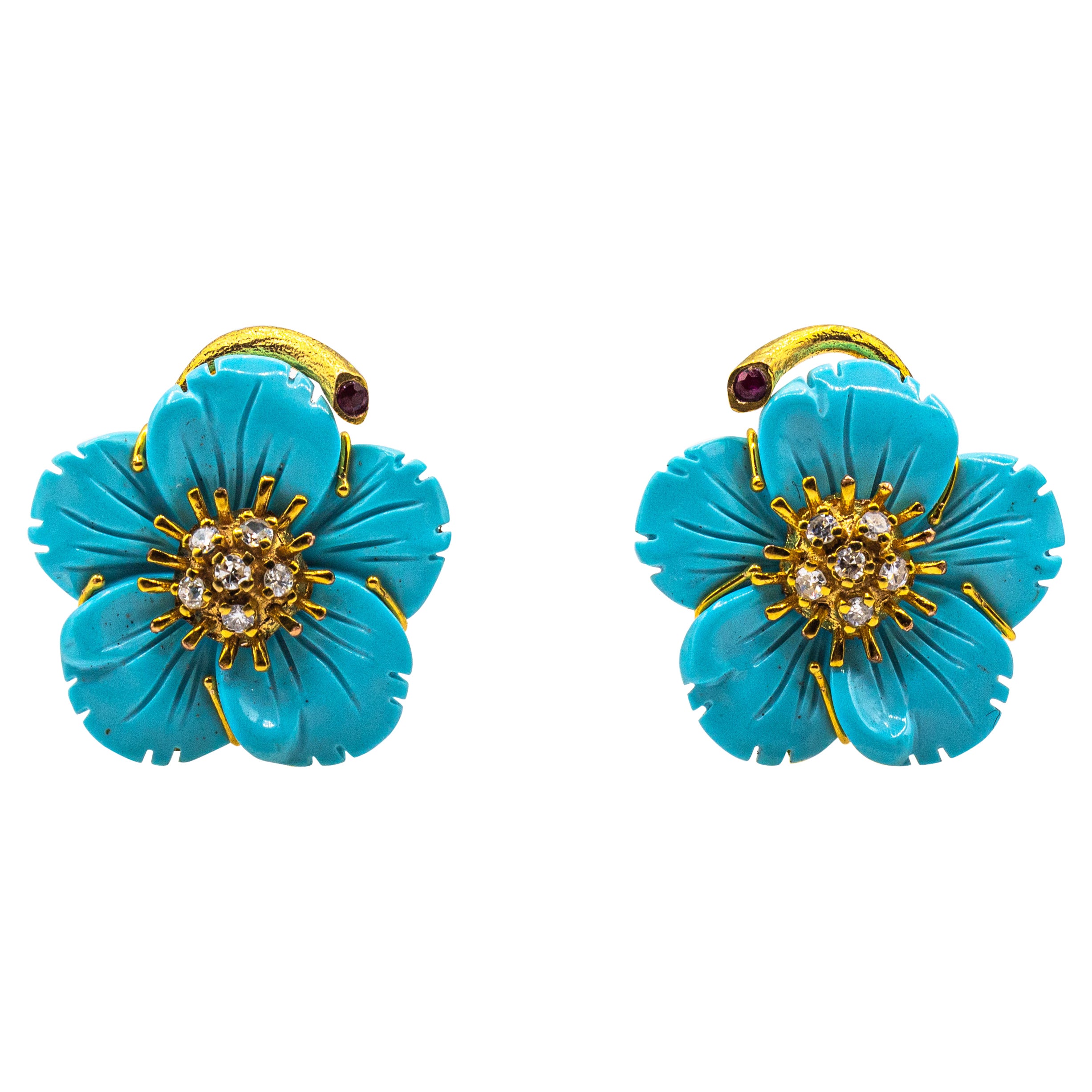 Art Nouveau Boucles d'oreilles fleurs à clip en or jaune diamant blanc turquoise rubis