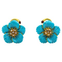 Retro Art Nouveau White Diamond Turquoise Ruby Yellow Gold Clip-On Flowers Earrings